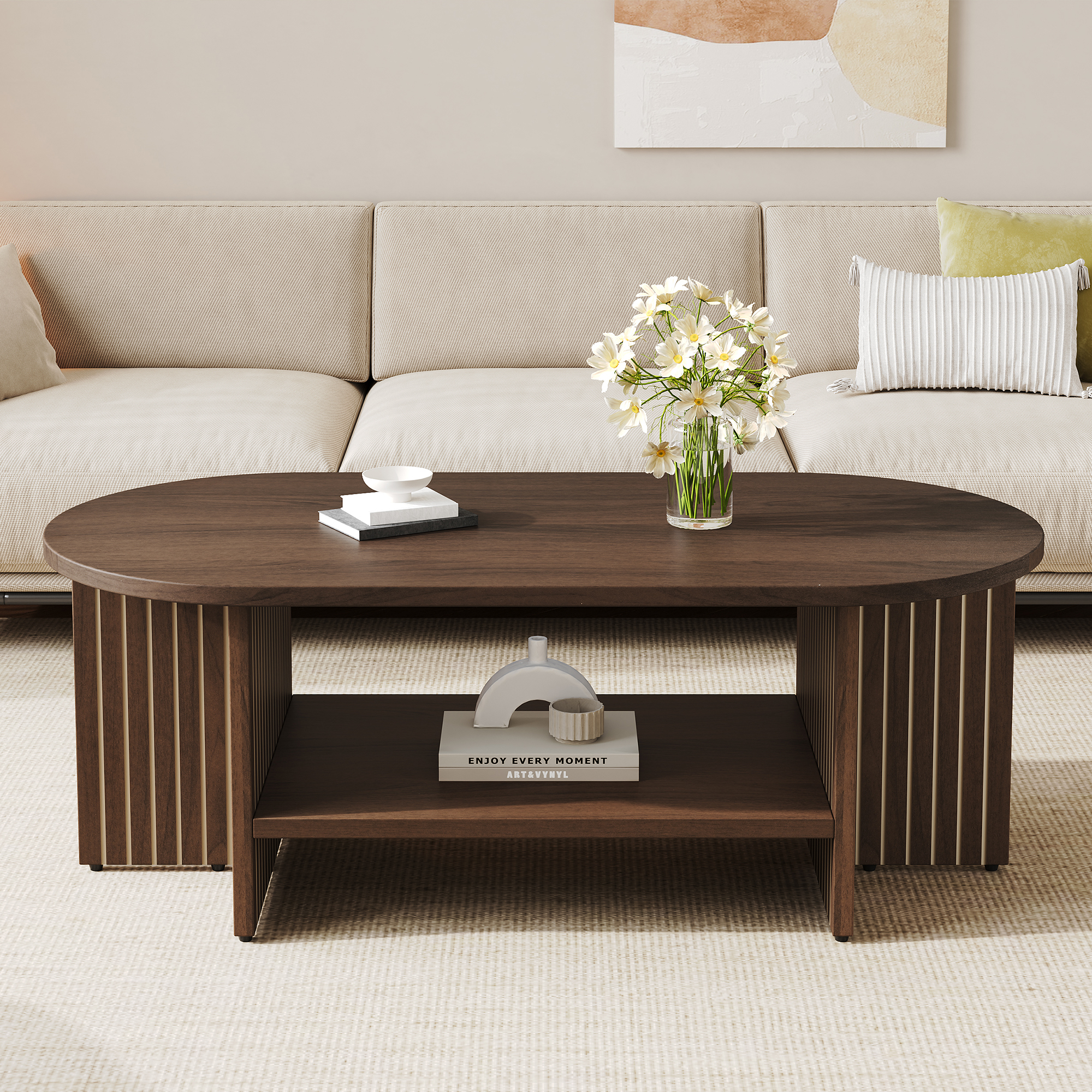 Table basse ovale effet noyer 100 x 49 x 35 cm avec étagère inférieure et détails rainurés