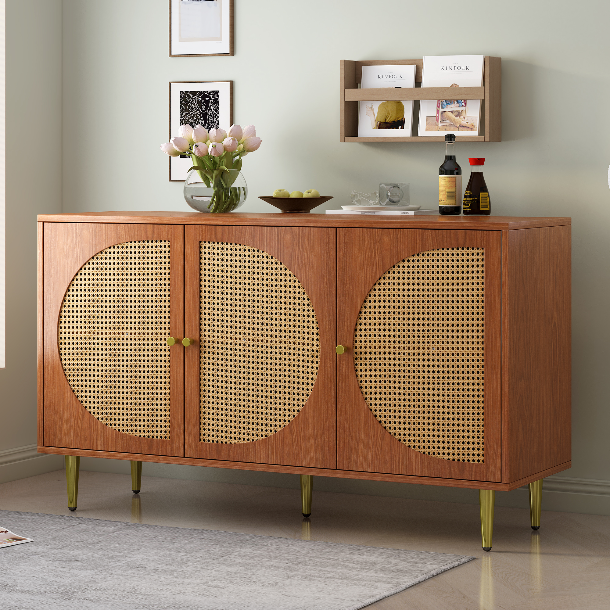Buffet noyer 3 portes rotin - vue 6