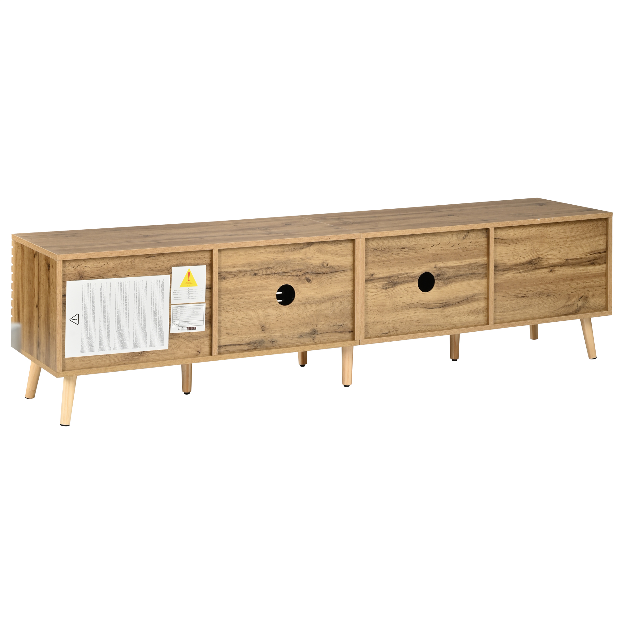 Meuble TV 180 cm, meuble bas de salon avec 4 portes, 6 compartiments, passe-câbles, façades à lattes, Effet bois naturel
