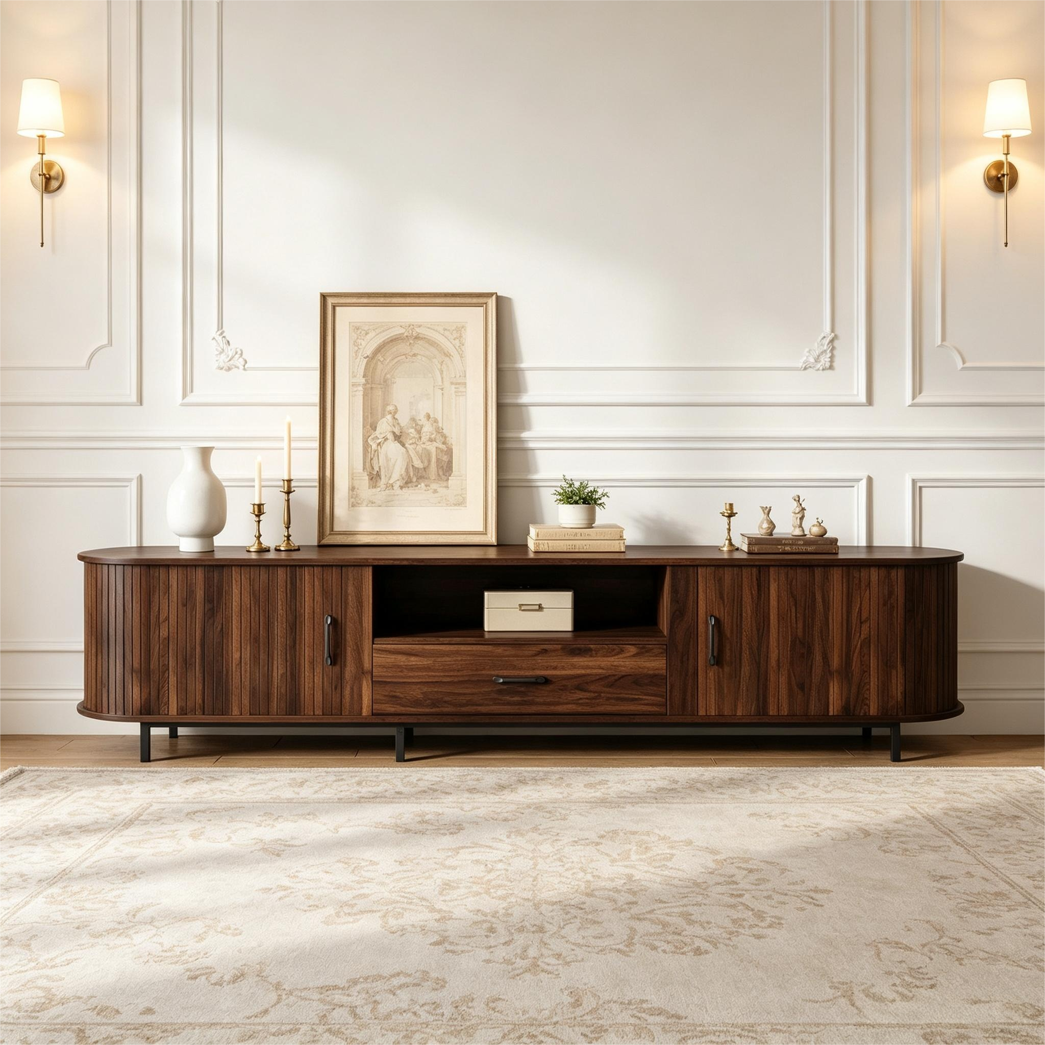 Meuble TV 180 cm effet noyer avec portes coulissantes rainurées, tiroir et niches ouvertes