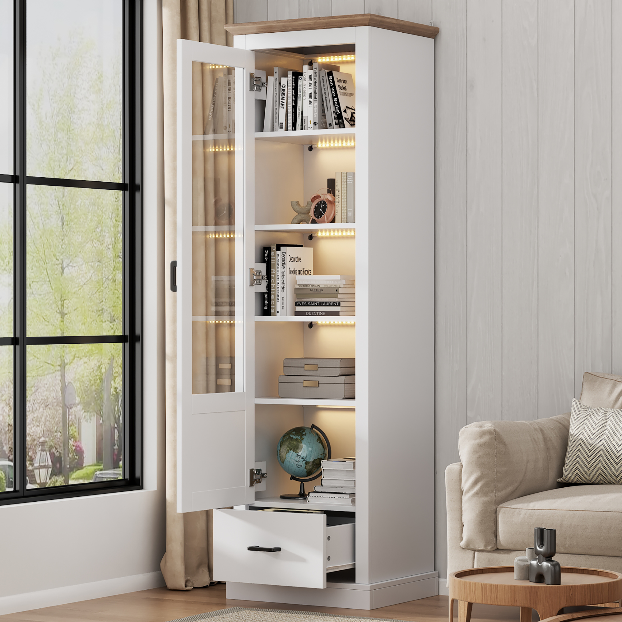 Vitrine LED blanche moderne avec finition bois