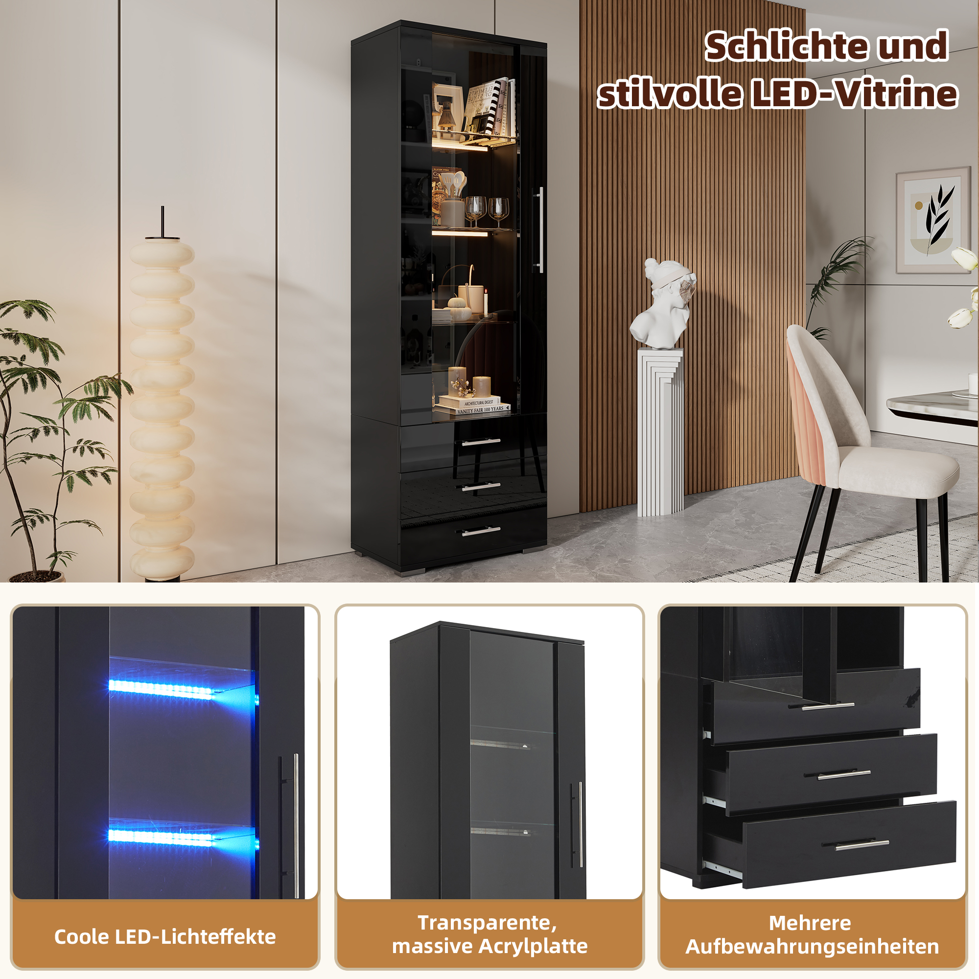 Vitrine noire MDF LED 180 cm - vue 8