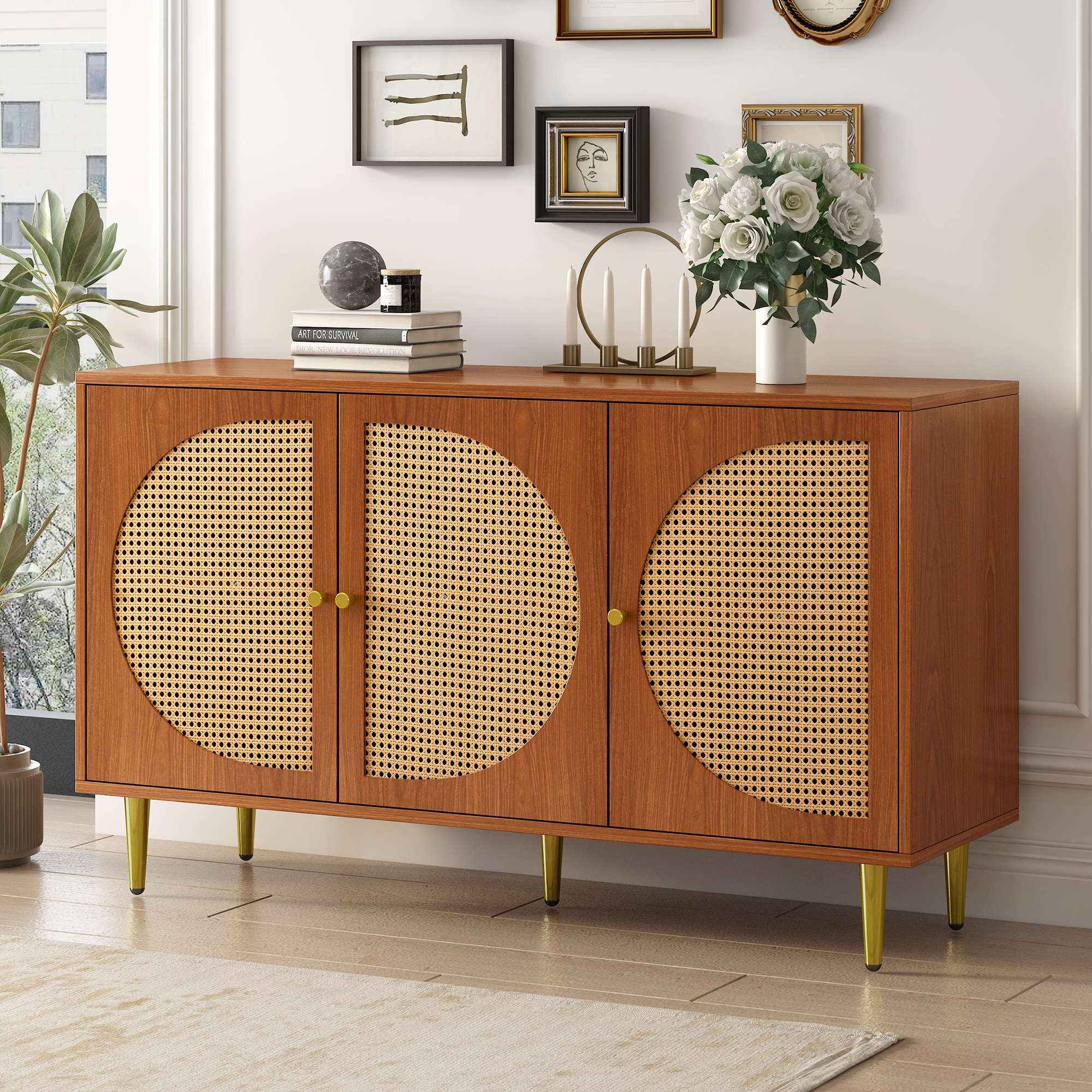 Buffet noyer 3 portes rotin - vue 2