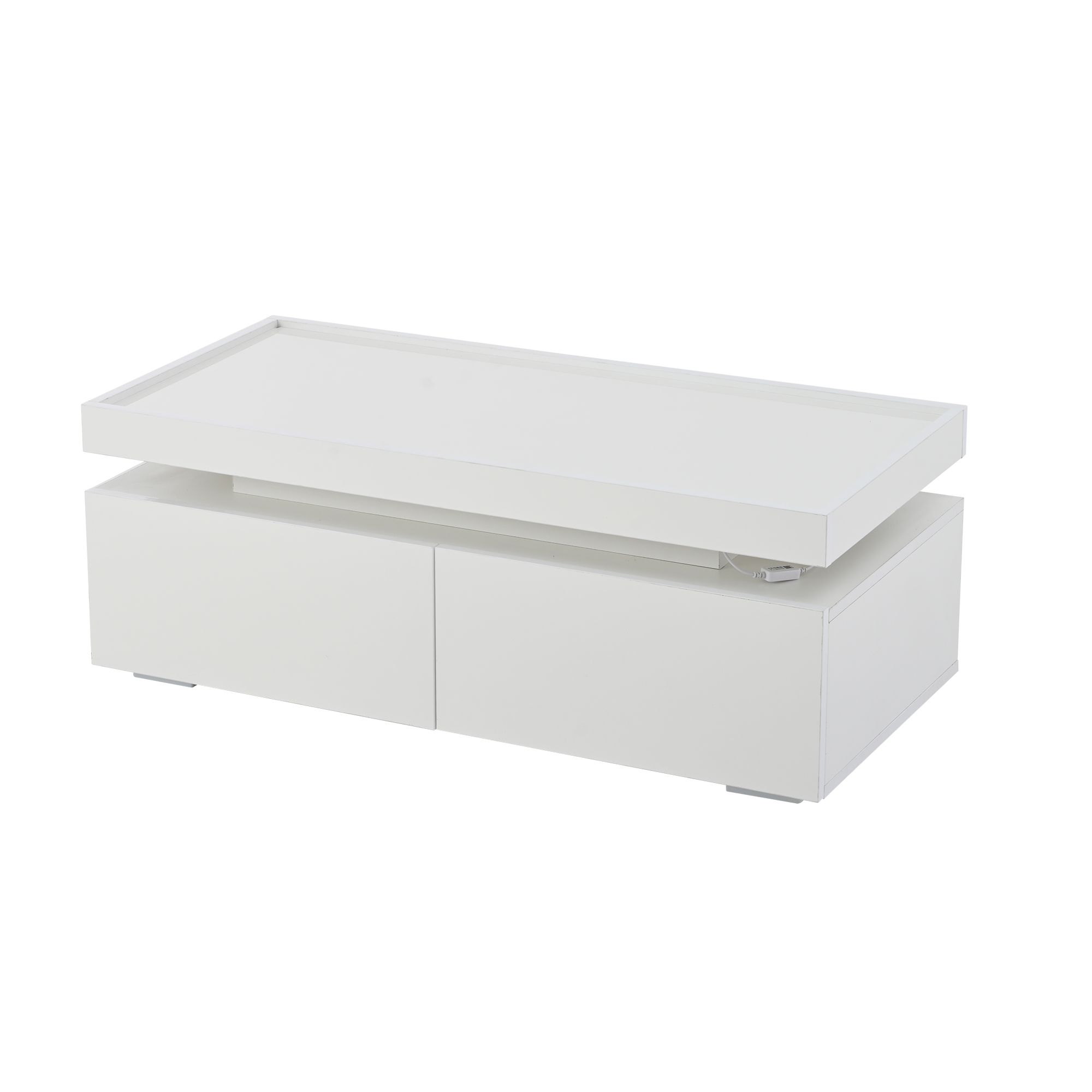 Table basse, table de salon 95 x 45 x 35 cm avec 2 tiroirs, éclairage LED, finition partiellement brillante, panneaux de particules, Blanc