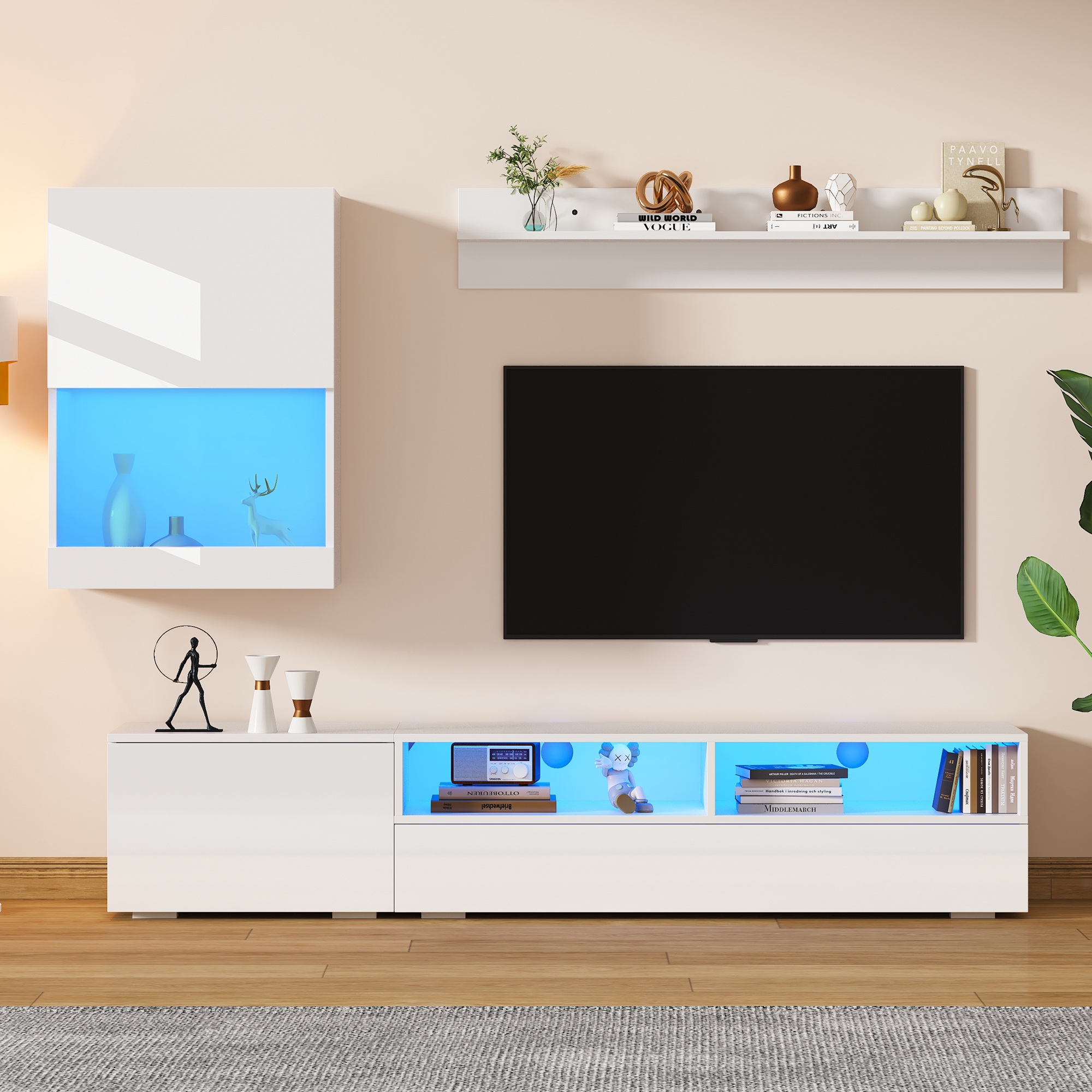 175*39*34cm TV Wohnwand-set mit Vitrine (Komplett-