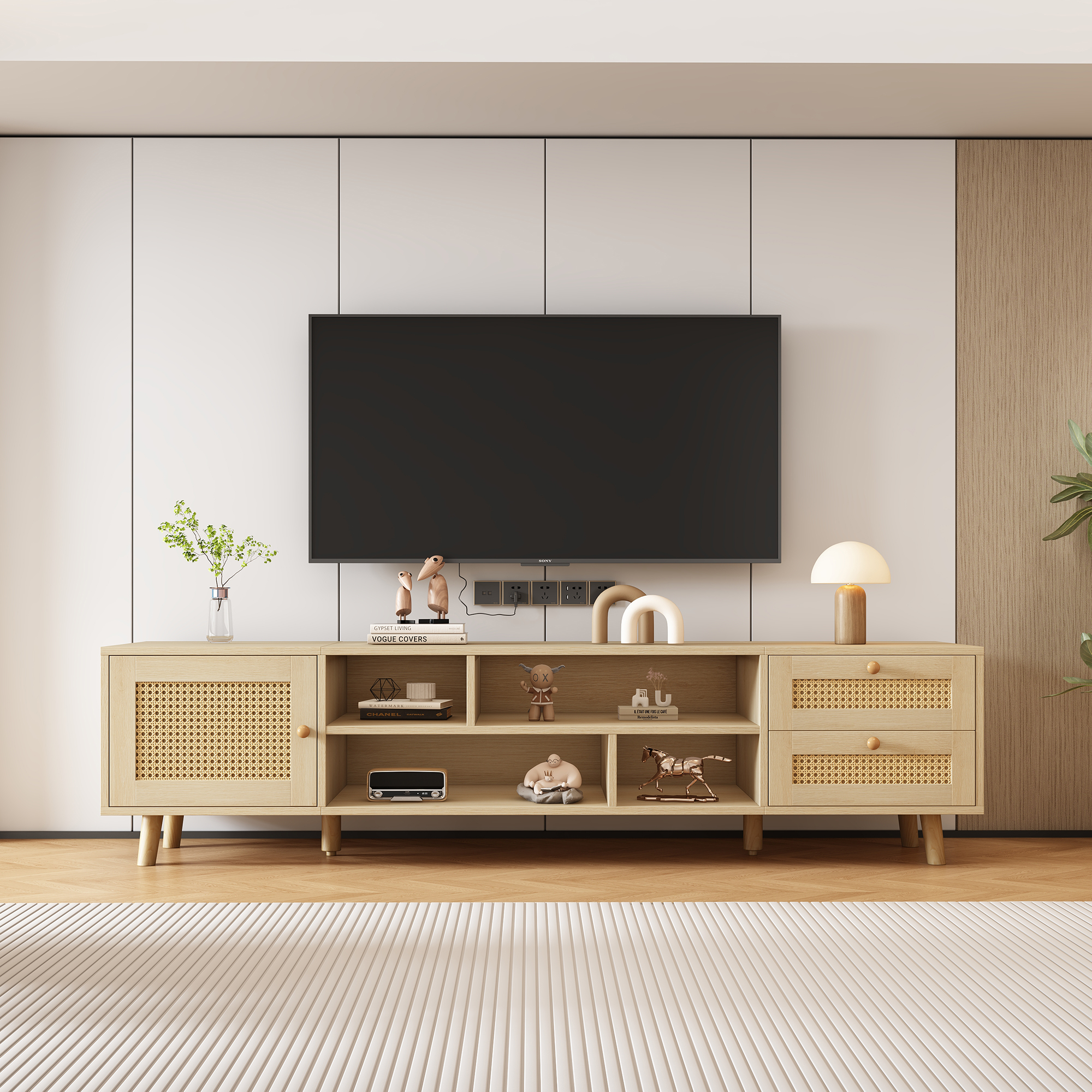 Premium 160cm Holzfarbenes Rattan-TV-Schrank für 7