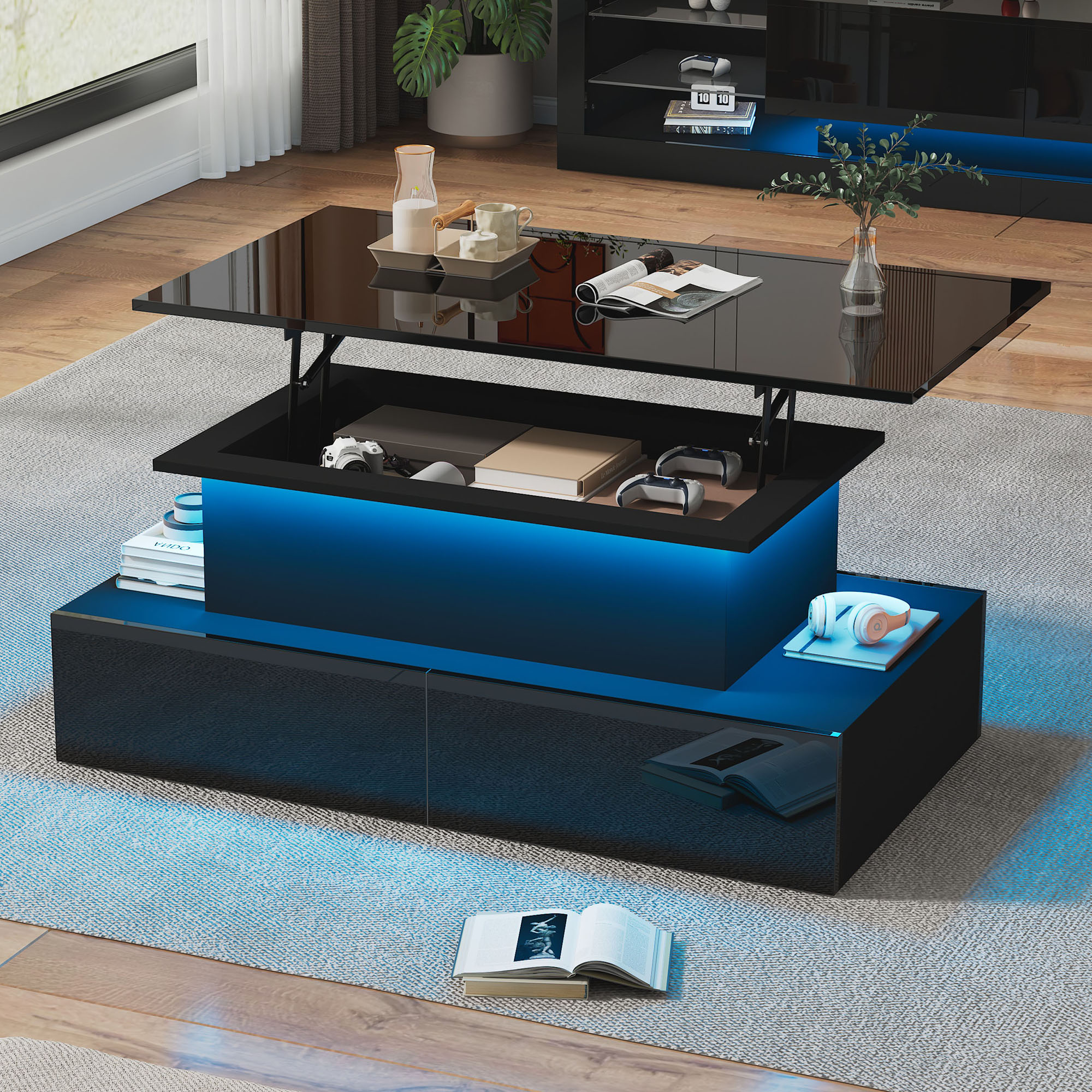 Moderner schwarzer Hochglanz-Couchtisch mit LED-Be