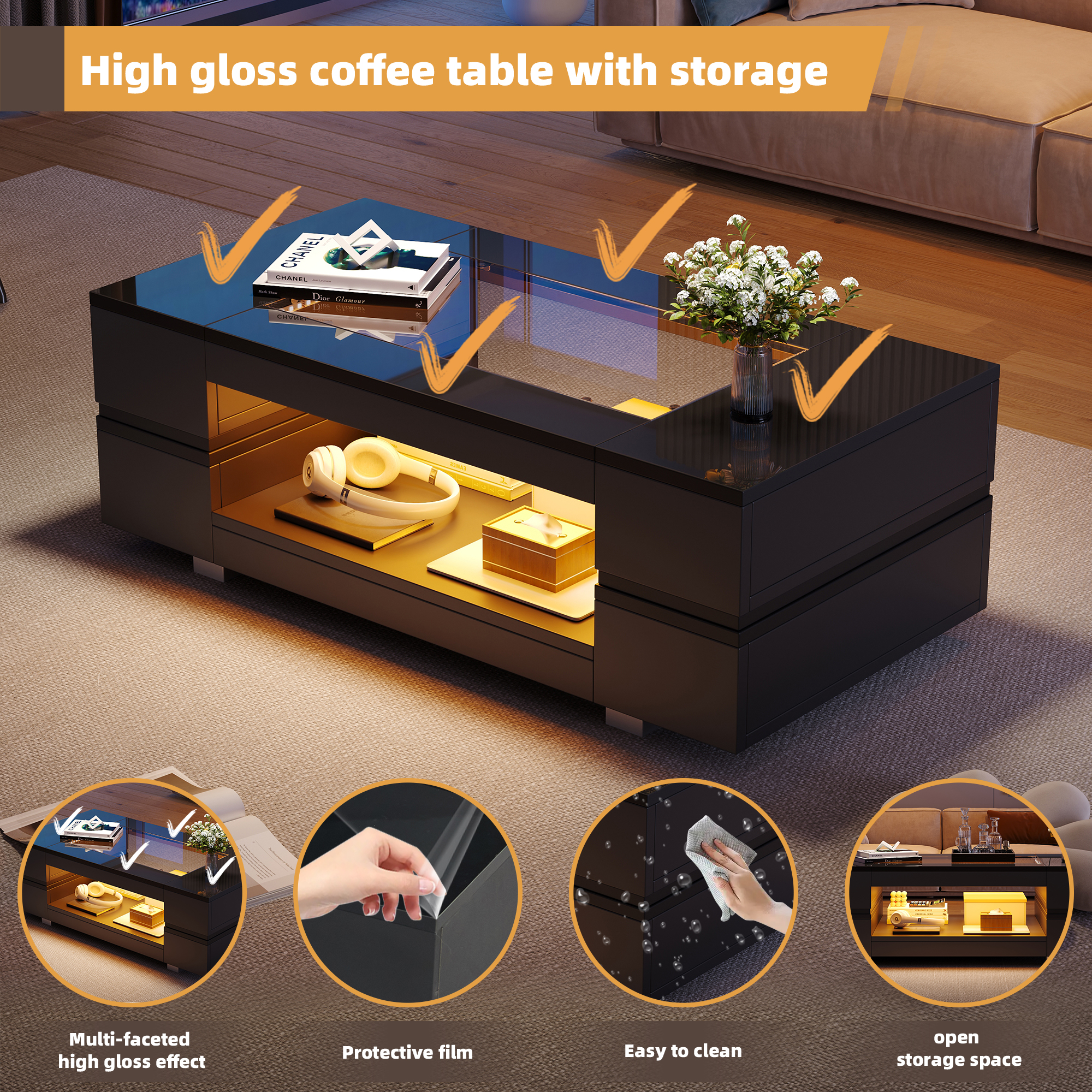 Table basse noire LED creuse - vue 7