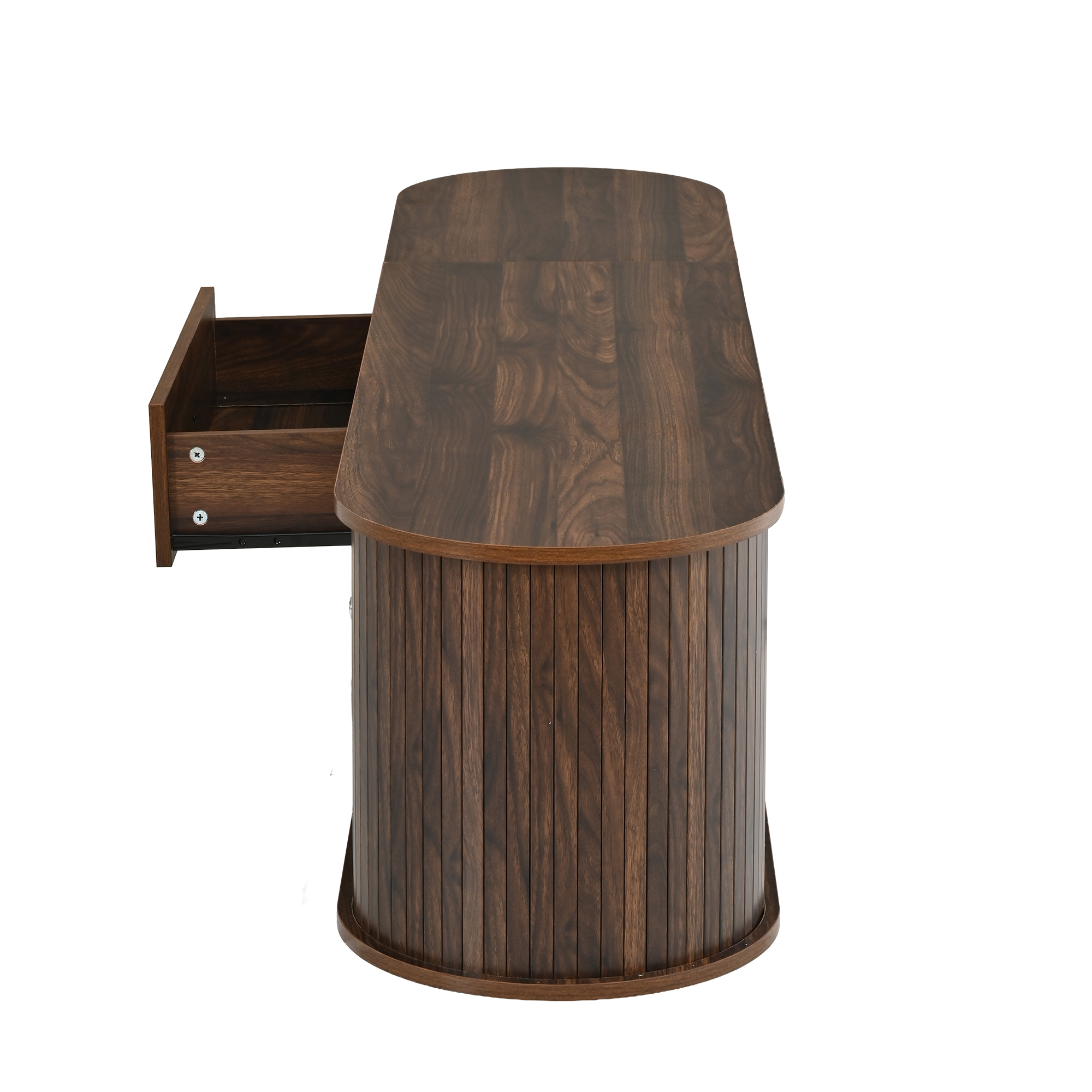 Meuble TV 180 cm, meuble bas de salon avec 2 portes à rideau, 1 tiroir, 1 niche, passe-câbles, panneaux de particules, Effet noyer