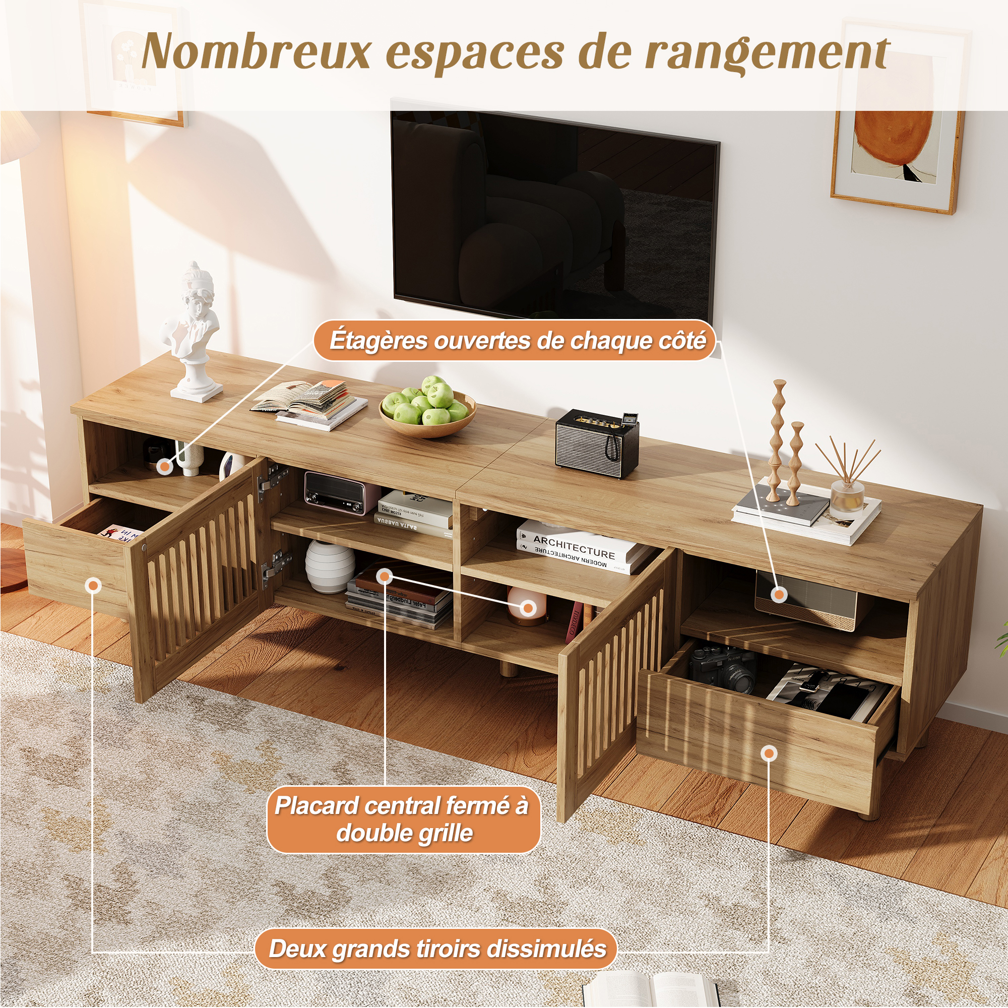 Meuble TV bois naturel avec portes grille