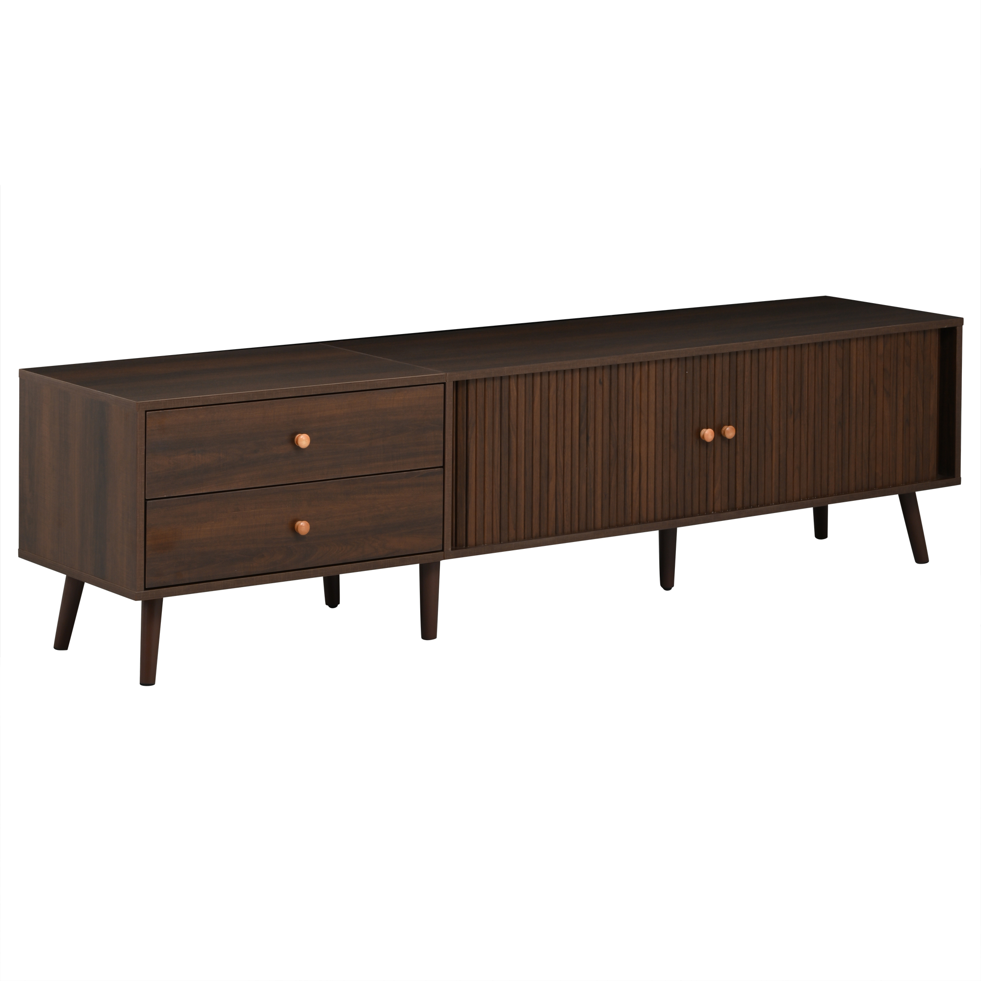 Meuble TV 180 x 40 x 46,5 cm, 2 tiroirs, 2 portes coulissantes à rideau, pour TV jusqu’à 80 pouces, MDF, Effet noyer - vue complémentaire