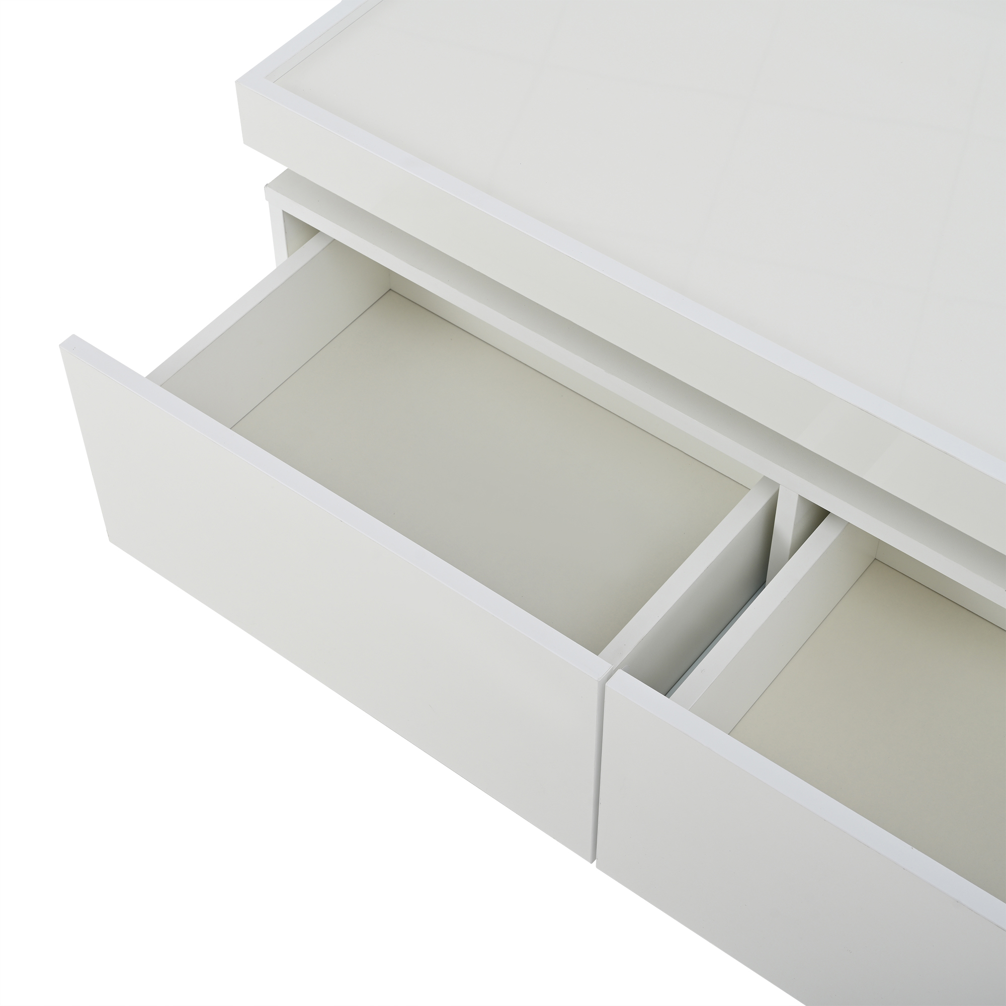 Table basse, table de salon 95 x 45 x 35 cm avec 2 tiroirs, éclairage LED, finition partiellement brillante, panneaux de particules, Blanc