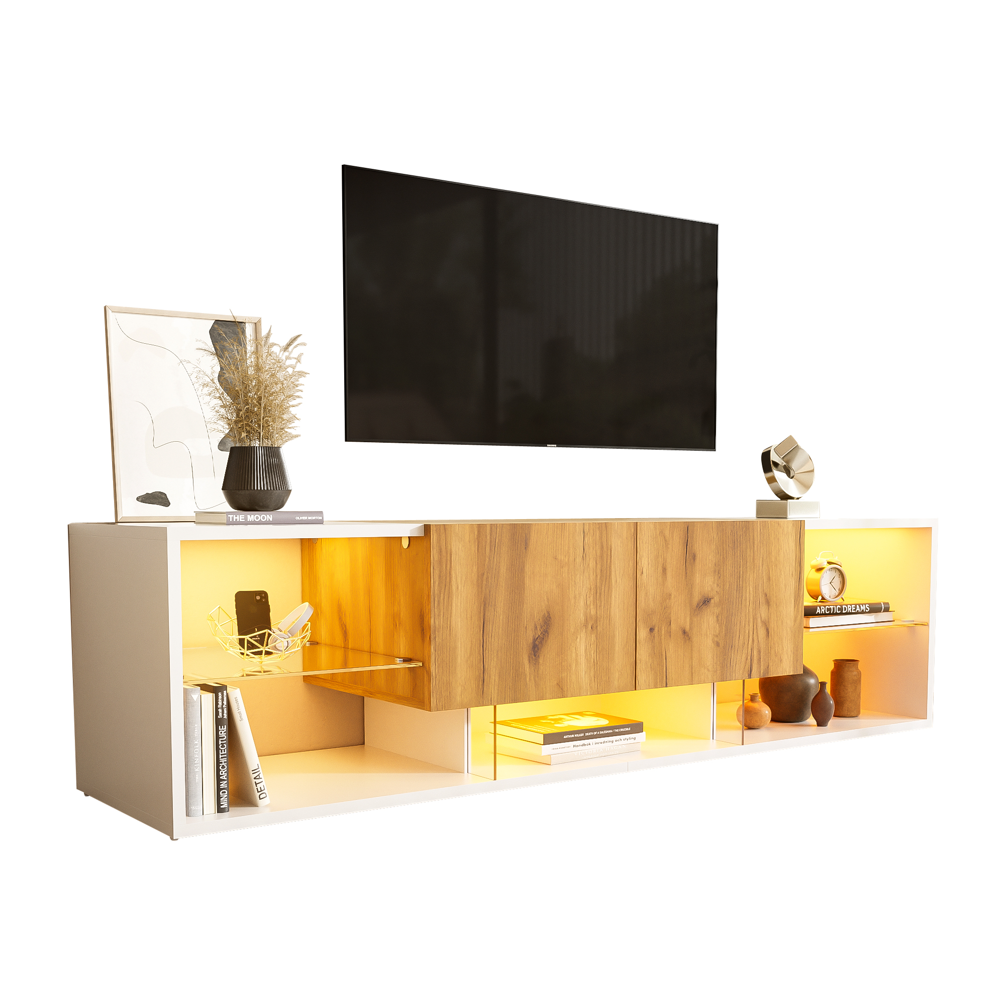 Meuble TV chêne blanc 3 niveaux LED - vue 9