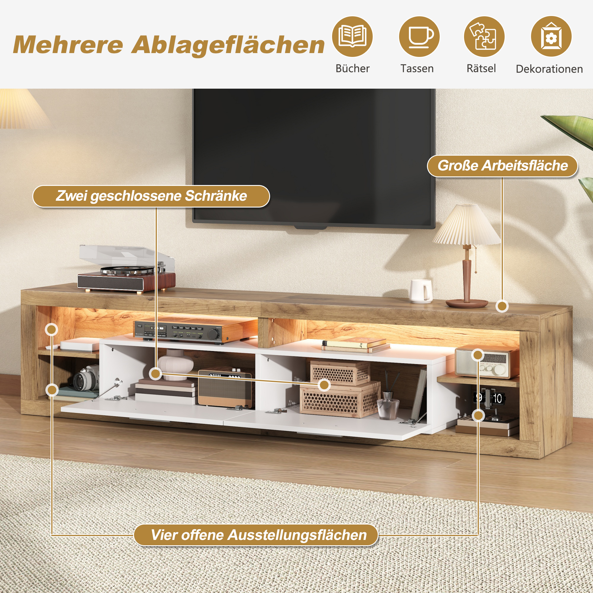 Éclairage LED contrôlable par application du meuble TV 180 cm blanc et effet bois