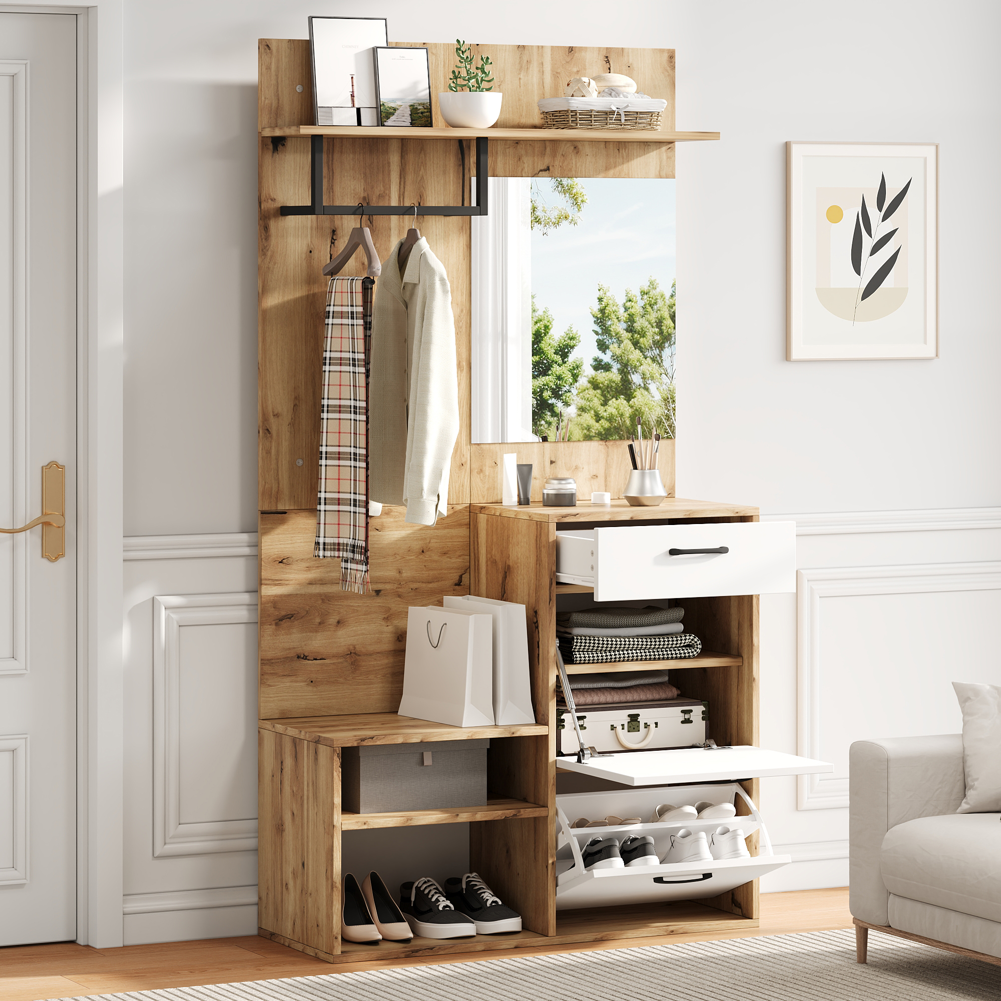 100*38.5*190cm Garderoben-Set mit Spiegel, Schuhba