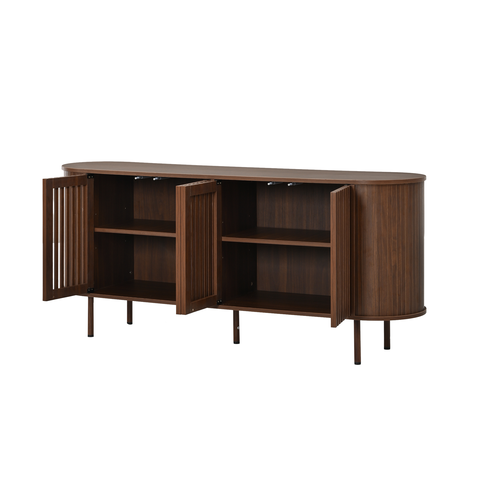 Buffet bas 160 cm, meuble de rangement avec 4 portes, étagères réglables, MDF et métal, Effet noyer