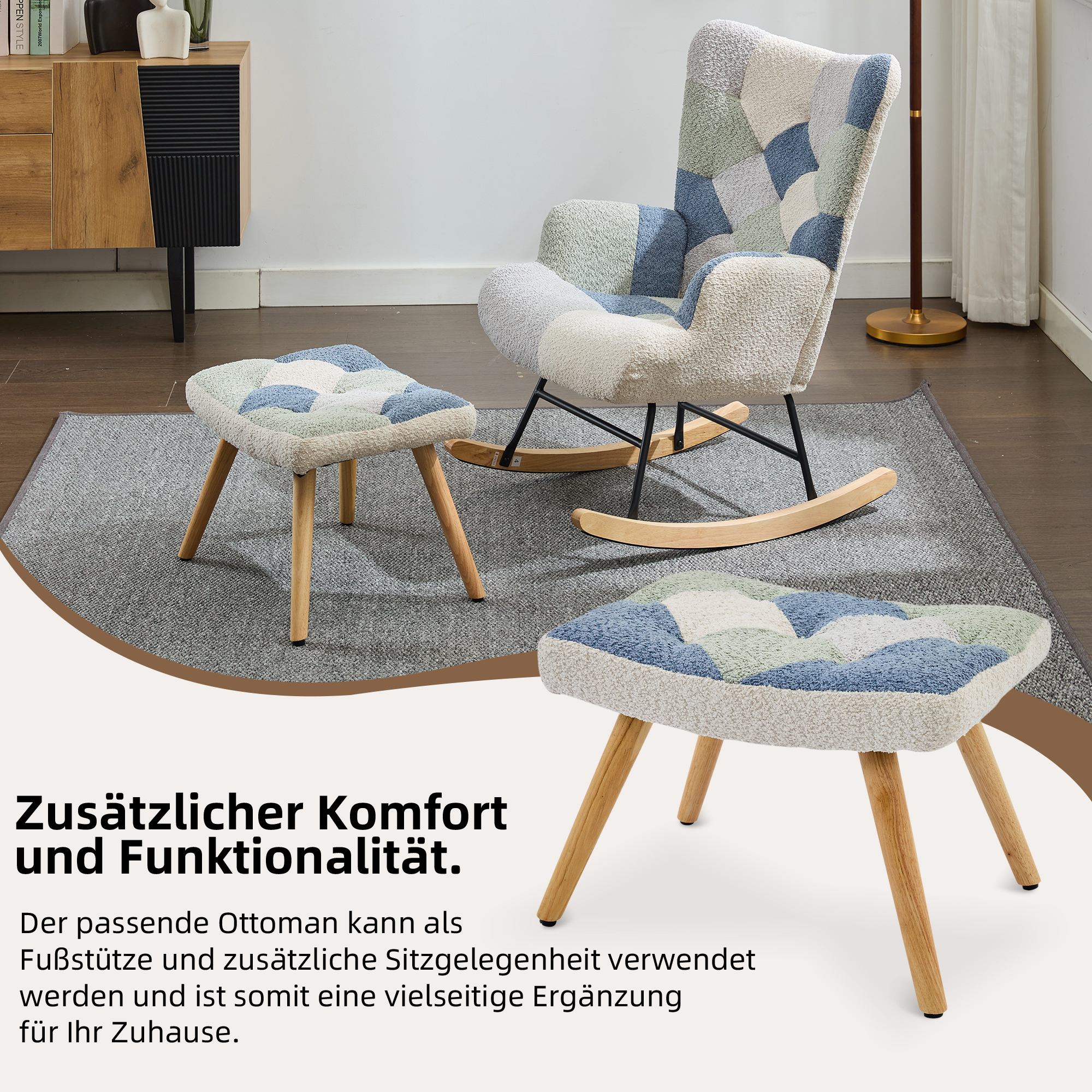 Schaukel-Relaxsessel mit Fußhocker, moderner Stoff