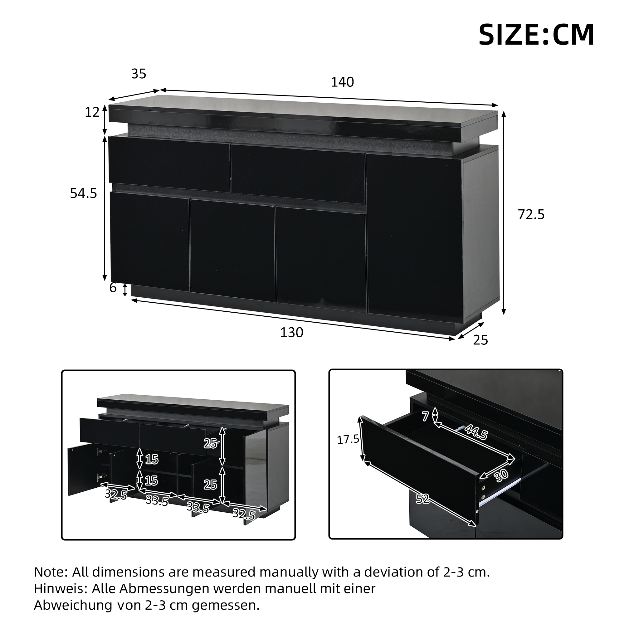 Buffet 140 x 35 x 72,5 cm, 4 portes, 2 tiroirs, LED, étagères réglables, panneaux de particules, Noir - détails