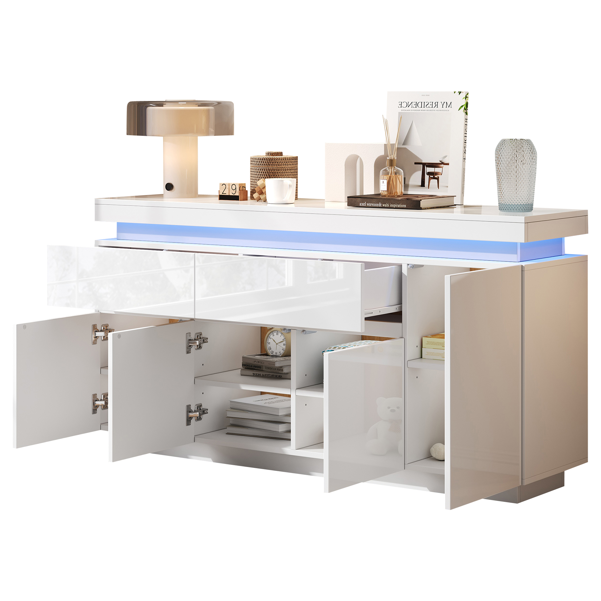 Buffet 140 x 35 x 72,5 cm, 4 portes, 2 tiroirs, LED, étagères réglables, panneaux de particules, Blanc - vue complémentaire