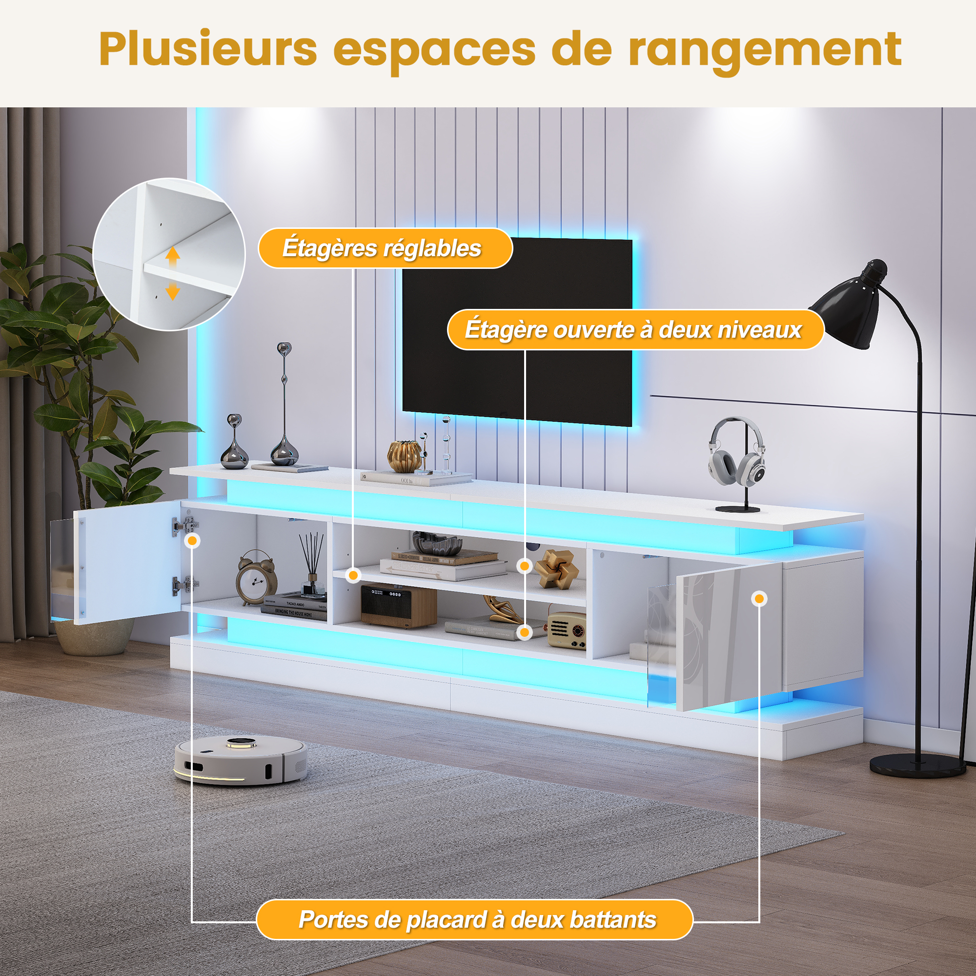Meuble TV blanc brillant avec LED