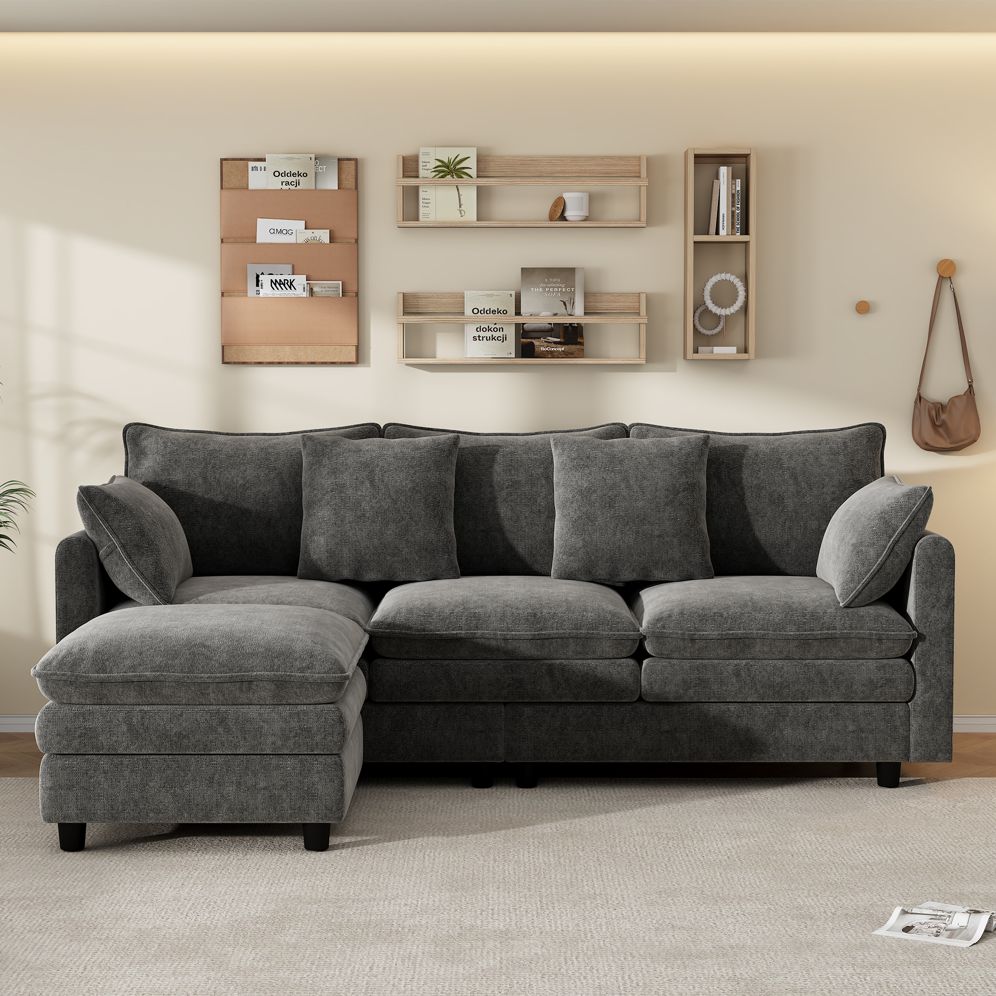 L-förmiges Ecksofa mit 4 Zierkissen und 3 Rückenle