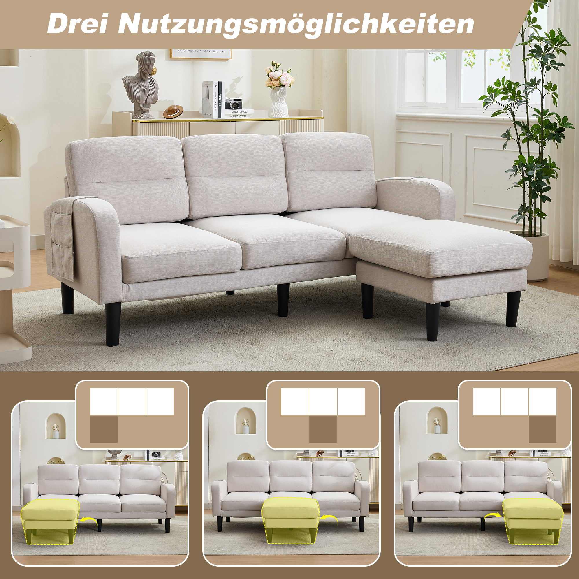 Ecksofa L-Form Sofa 3-Sitzer mit Chaiselongue, kle