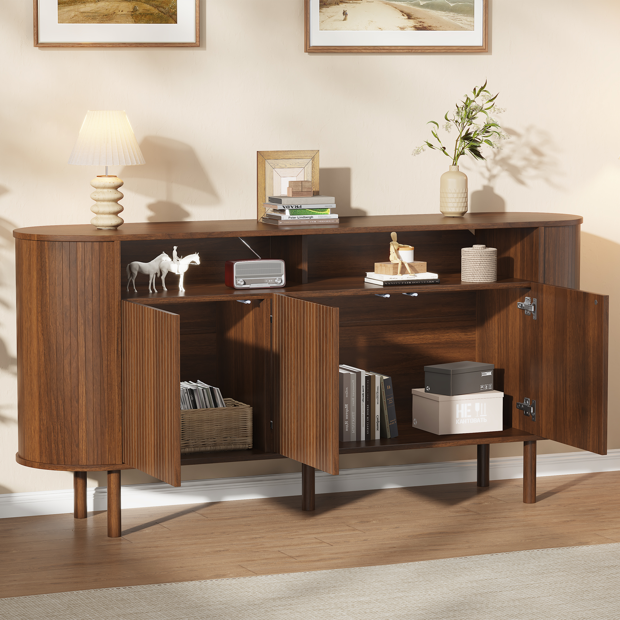 Buffet bas 160 cm, meuble de rangement avec 3 portes, 2 niches, façades rainurées, panneaux de particules, Effet noyer
