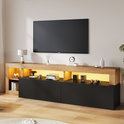 Meuble TV LED 184 cm noir et effet bois pour grand téléviseur