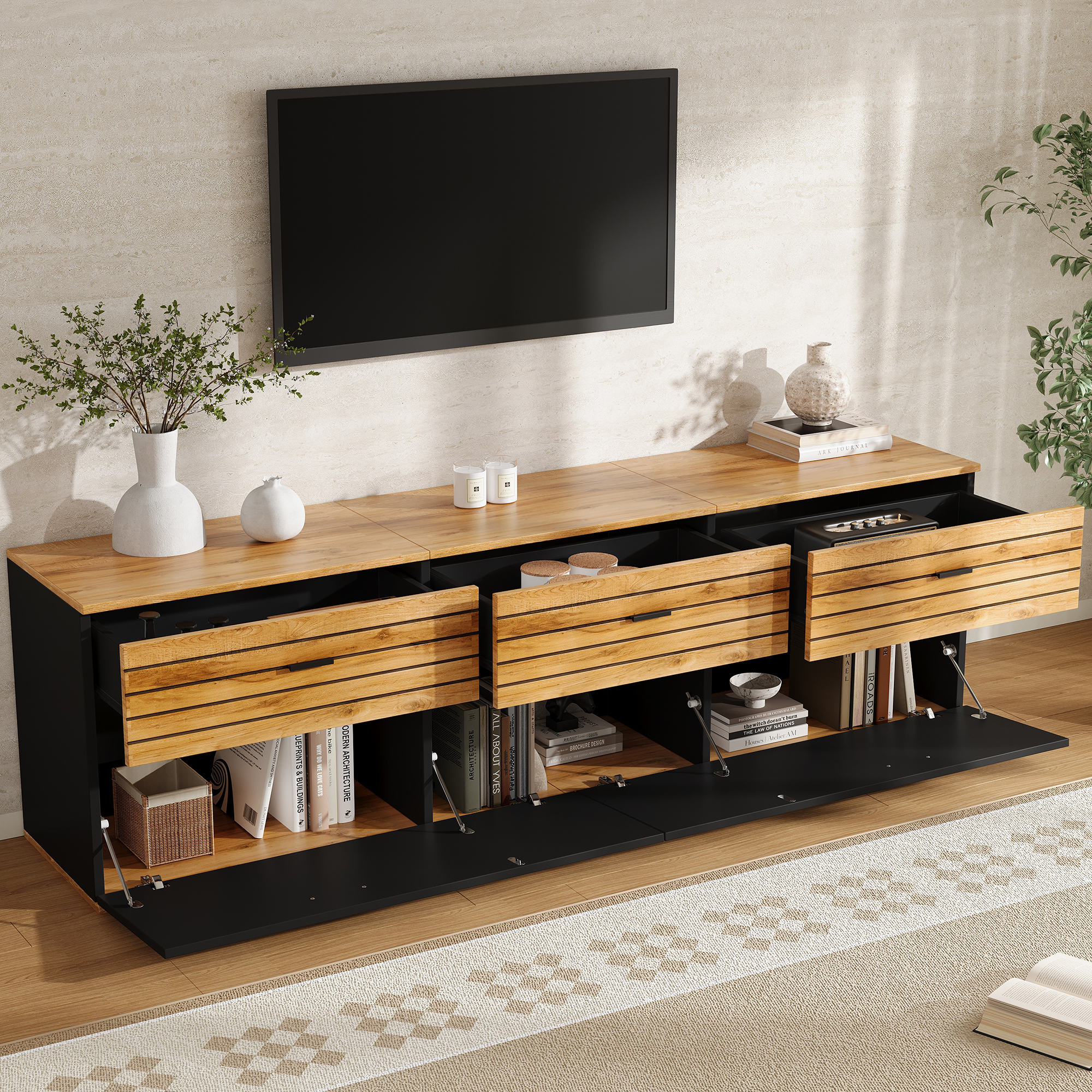 Meuble TV 168 cm noir et effet bois avec trois tiroirs, deux portes abattantes et motif ondulé