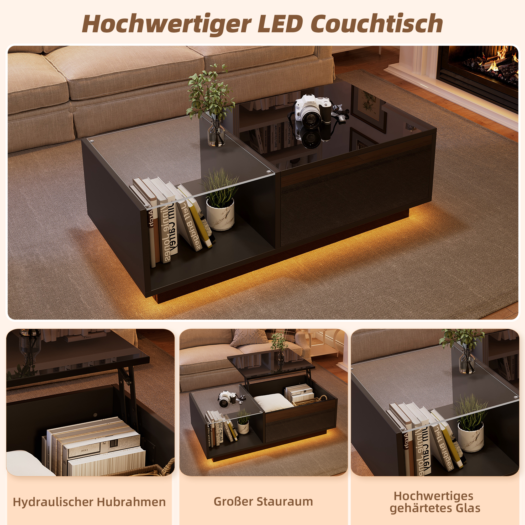 Table basse noire relevable LED - vue 8