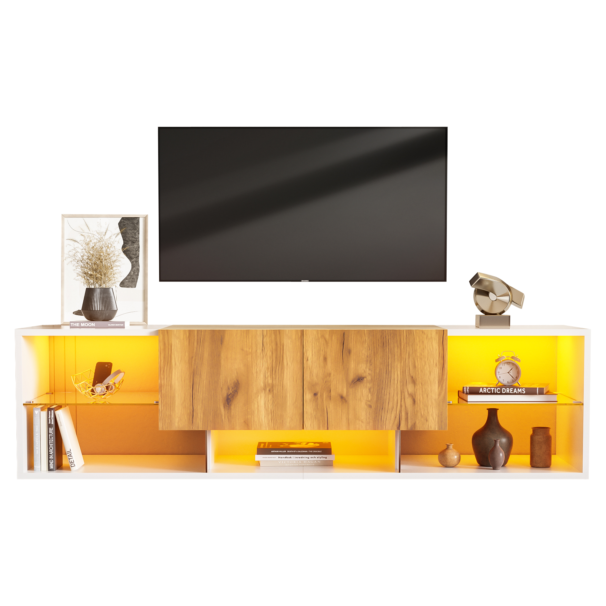 Meuble TV chêne blanc 3 niveaux LED - vue 7