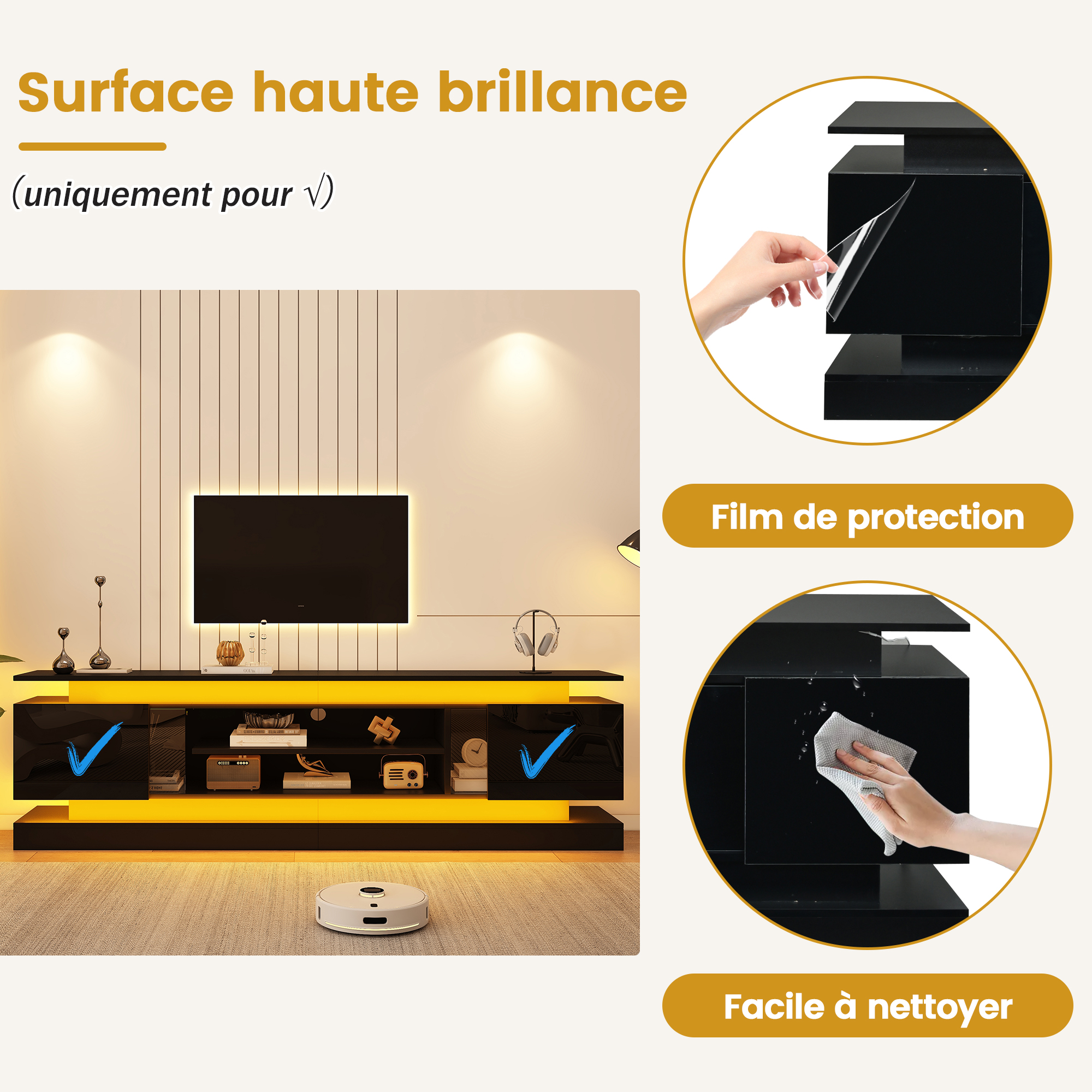 Meuble TV noir brillant avec LED