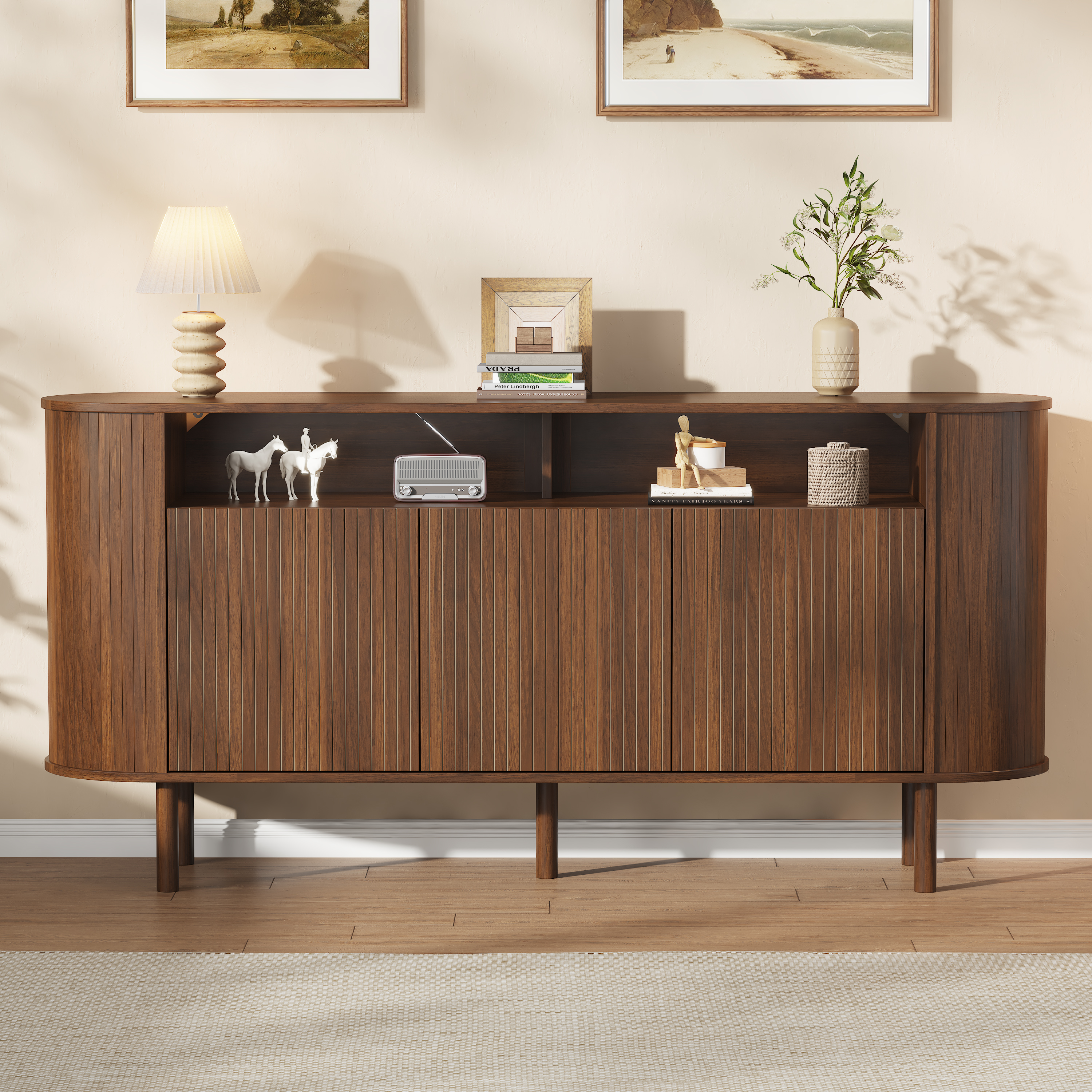 Buffet bas 160 cm, meuble de rangement avec 3 portes, 2 niches, façades rainurées, panneaux de particules, Effet noyer