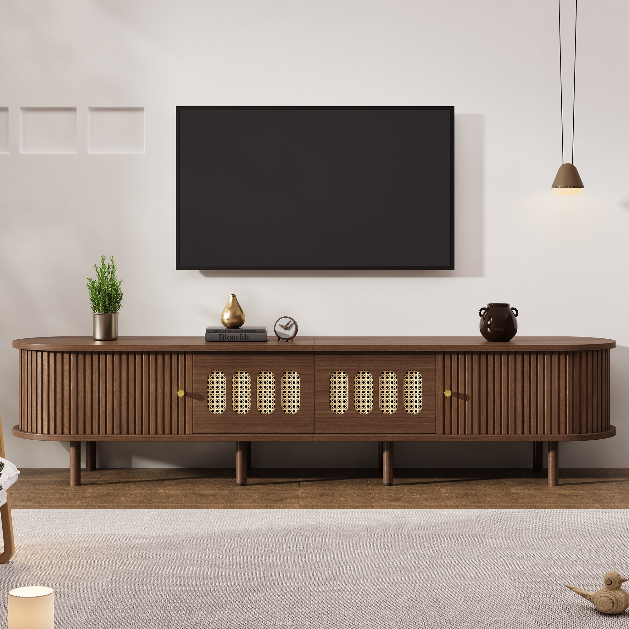 Meuble TV 180 cm effet noyer foncé avec tiroirs effet cannage, portes tambour et huit pieds