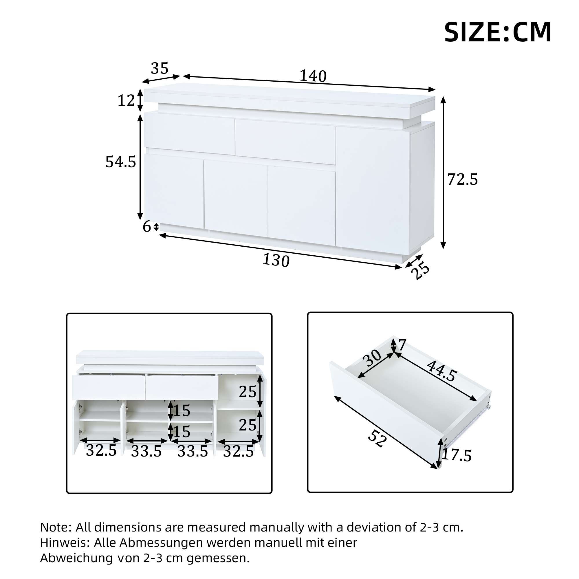 Buffet 140 x 35 x 72,5 cm, 4 portes, 2 tiroirs, LED, étagères réglables, panneaux de particules, Blanc - détails