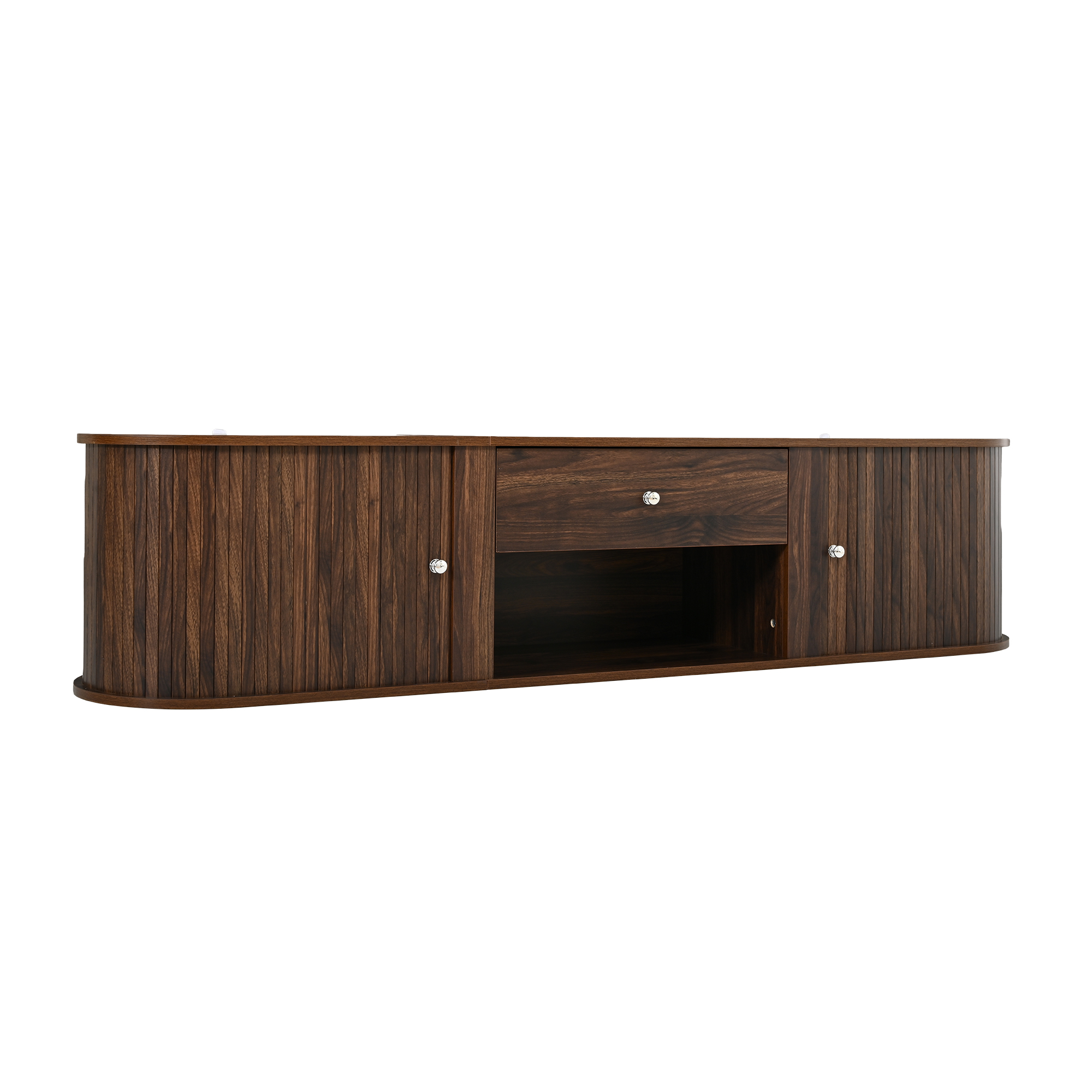 Meuble TV 180 cm, meuble bas de salon avec 2 portes à rideau, 1 tiroir, 1 niche, passe-câbles, panneaux de particules, Effet noyer