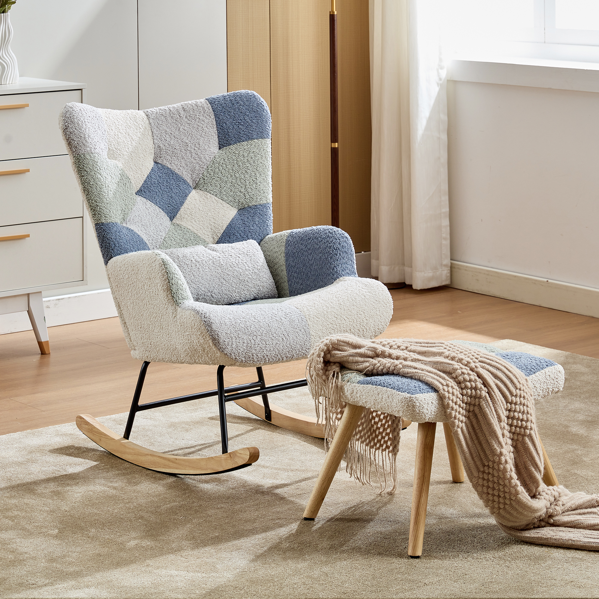 Schaukel-Relaxsessel mit Fußhocker, moderner Stoff