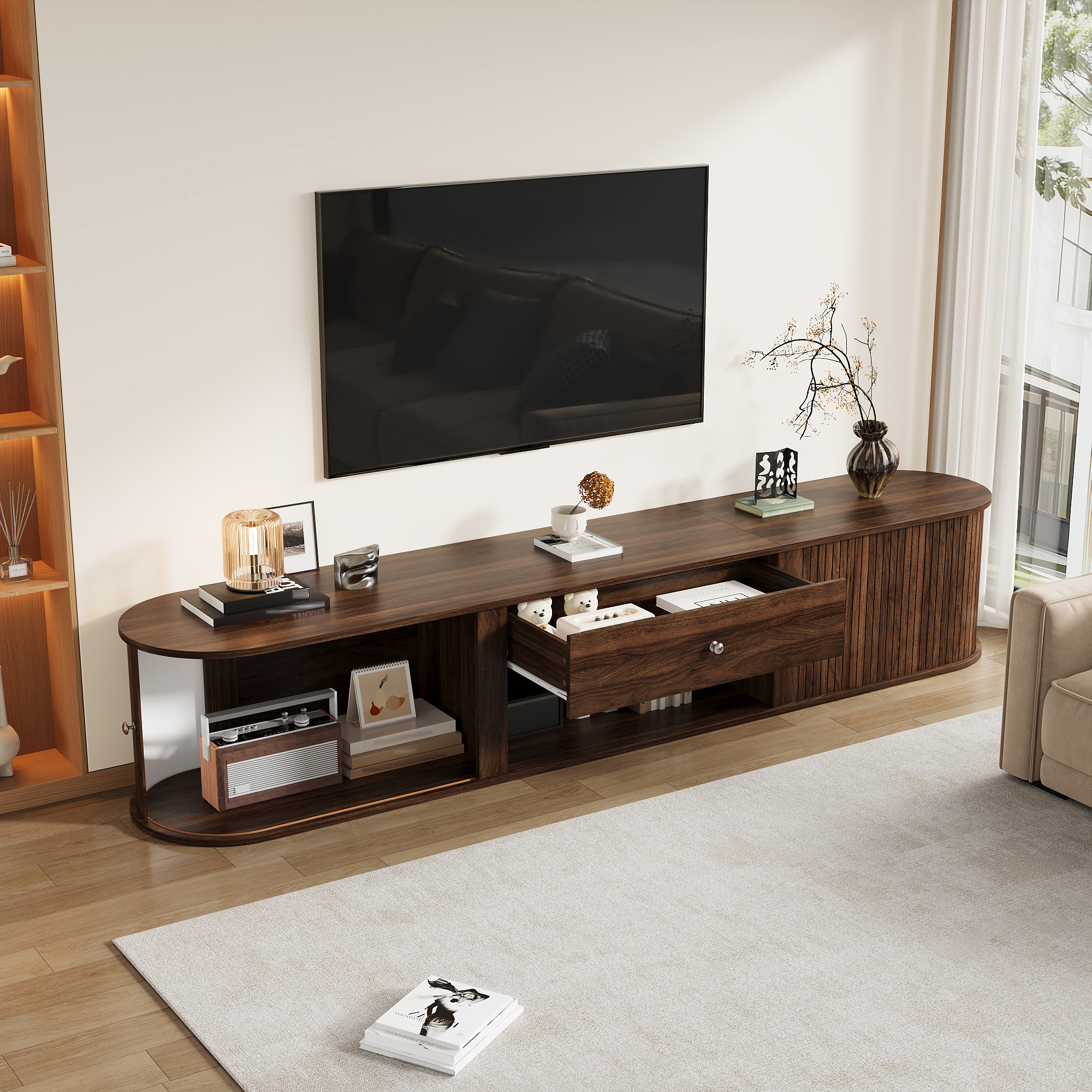 Meuble TV 180 cm, meuble bas de salon avec 2 portes à rideau, 1 tiroir, 1 niche, passe-câbles, panneaux de particules, Effet noyer