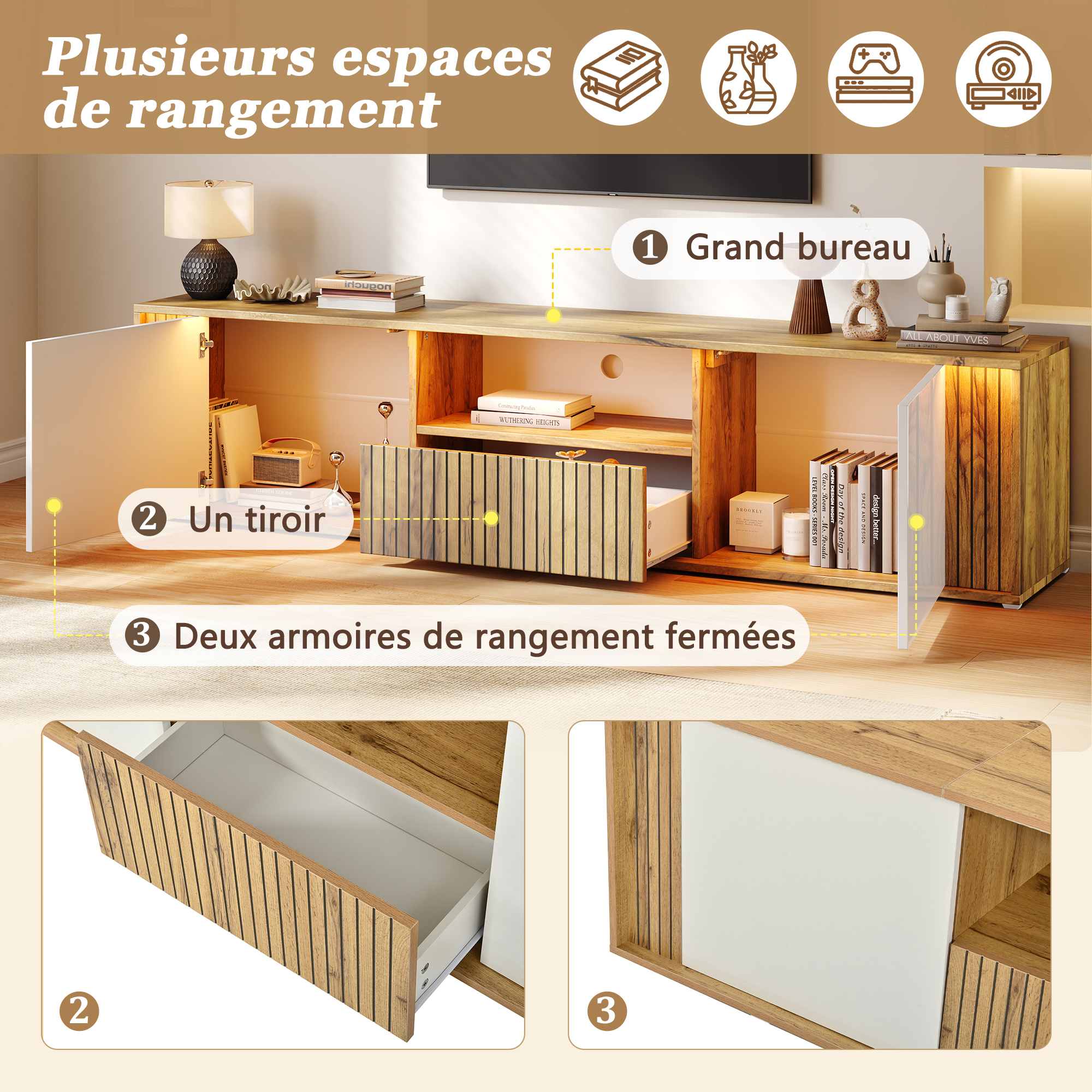 Éclairage LED Bluetooth du meuble TV 180 cm blanc et effet bois contrôlable par application