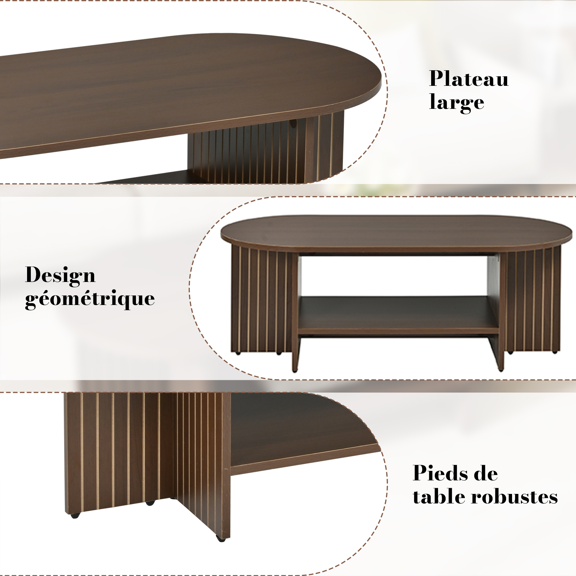 Détails du relief rainuré de la table basse ovale 100 x 49 x 35 cm