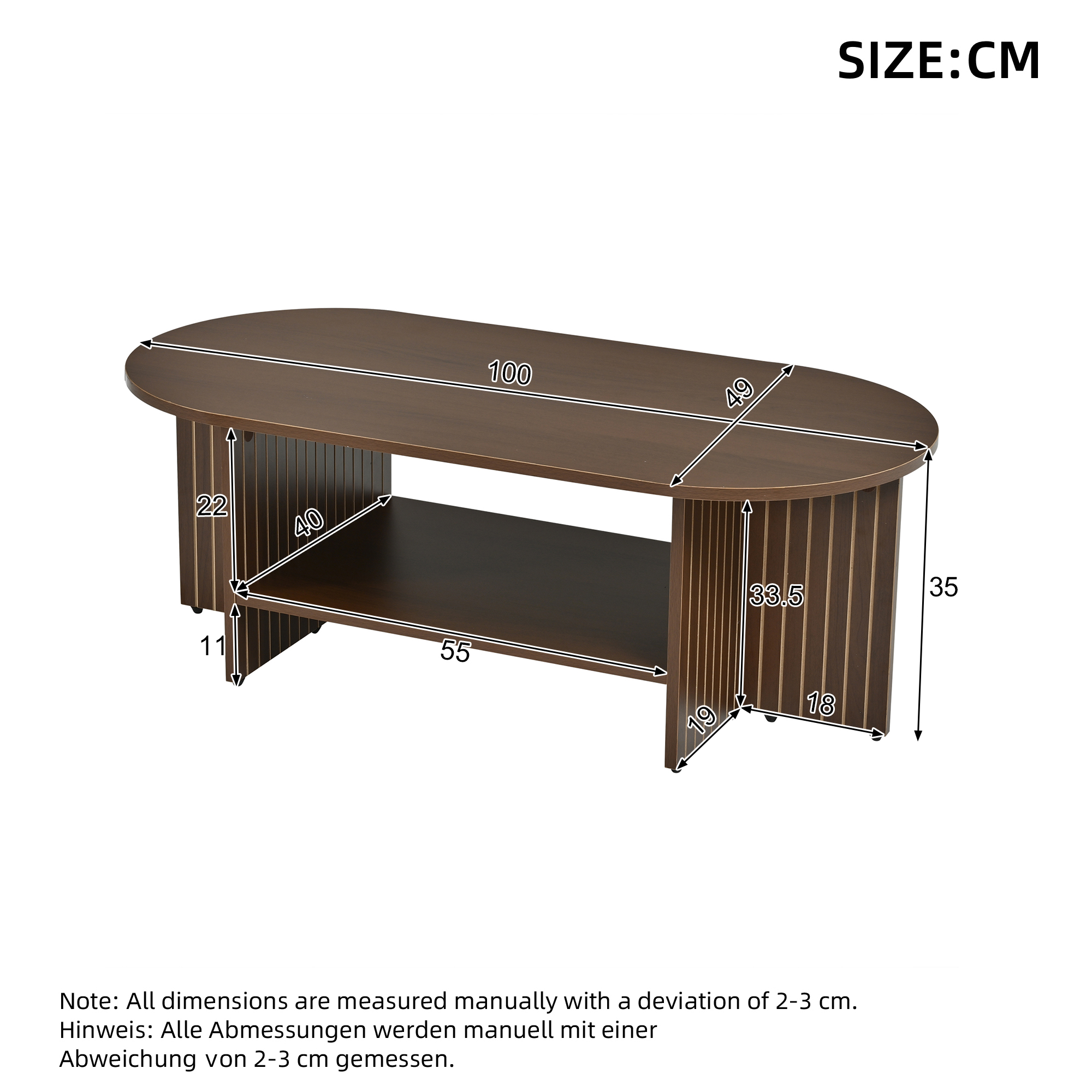 Détails de l'étagère ouverte de la table basse ovale effet noyer