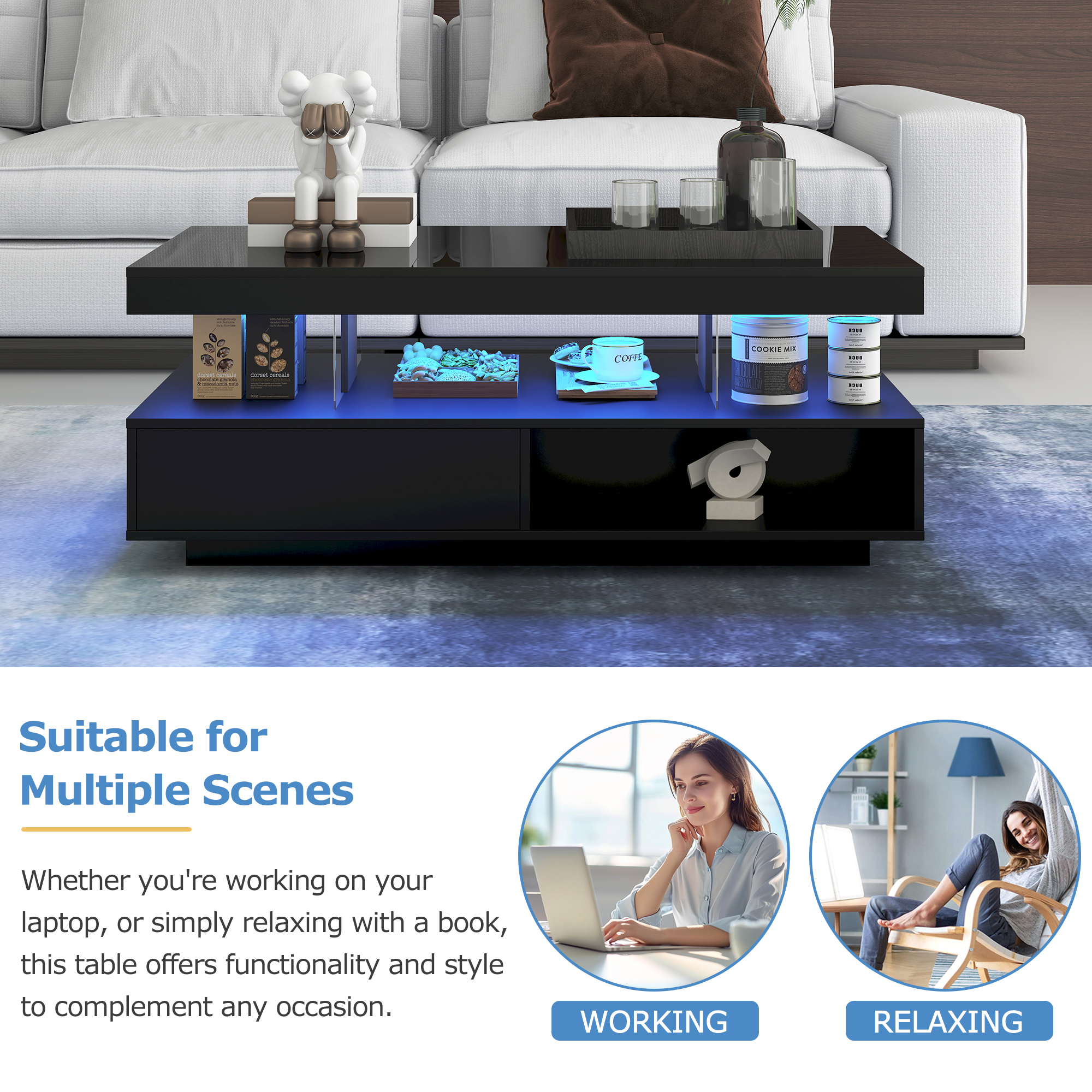 Table basse noire 95 cm LED - vue 6