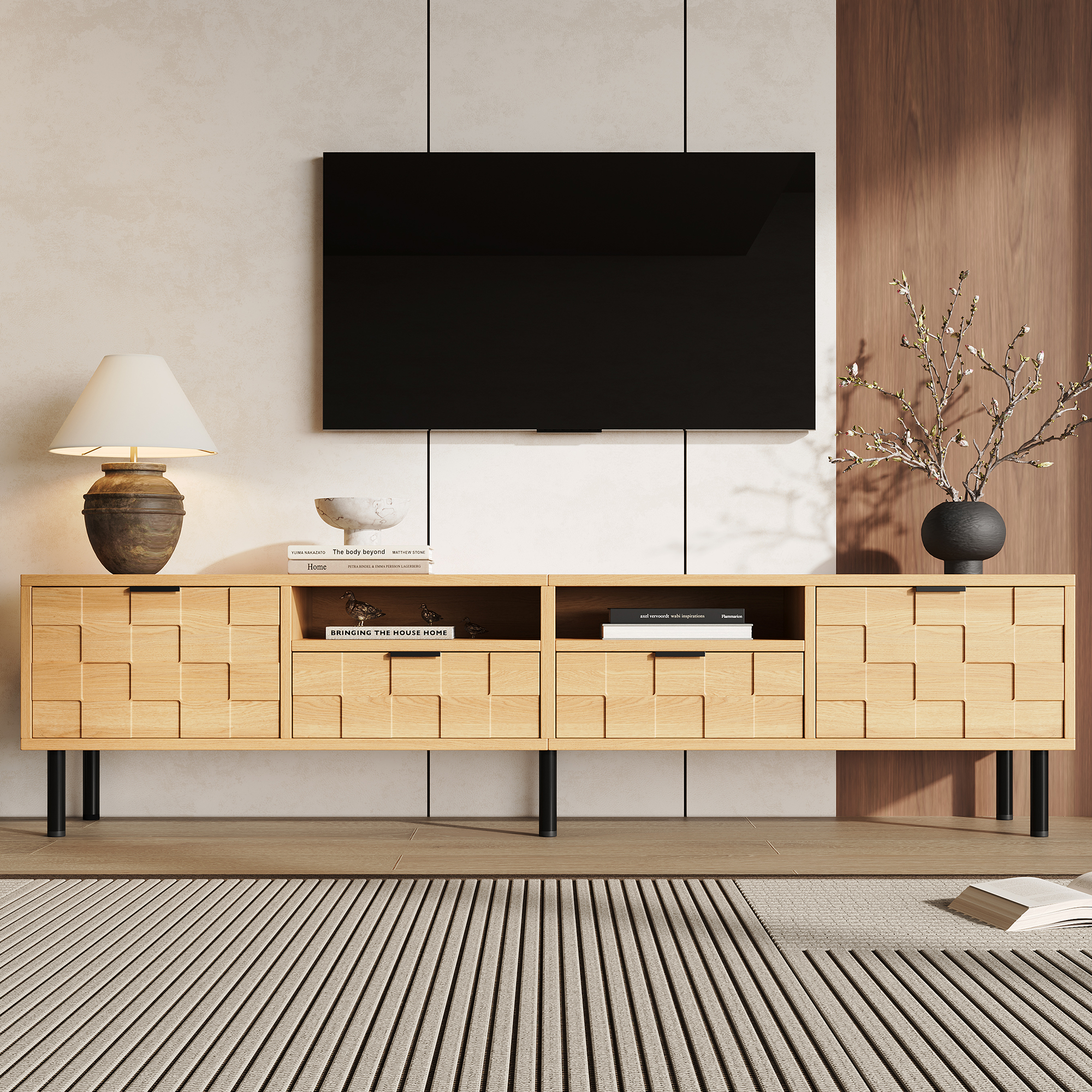 Meuble TV 200 cm effet bois naturel avec deux portes à motif géométrique 3D, deux tiroirs et niches ouvertes
