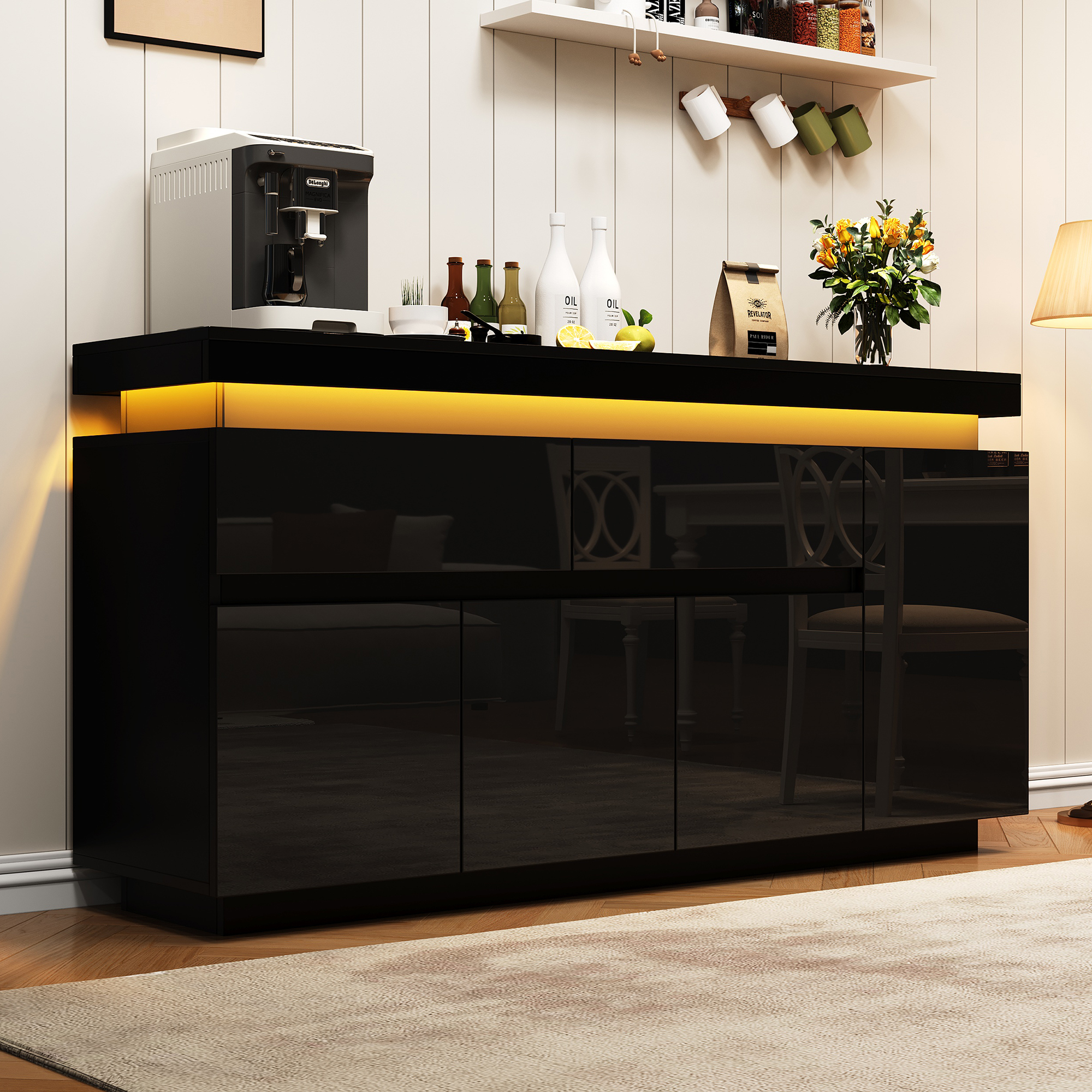 Buffet 140 x 35 x 72,5 cm, 4 portes, 2 tiroirs, LED, étagères réglables, panneaux de particules, Noir - vue principale