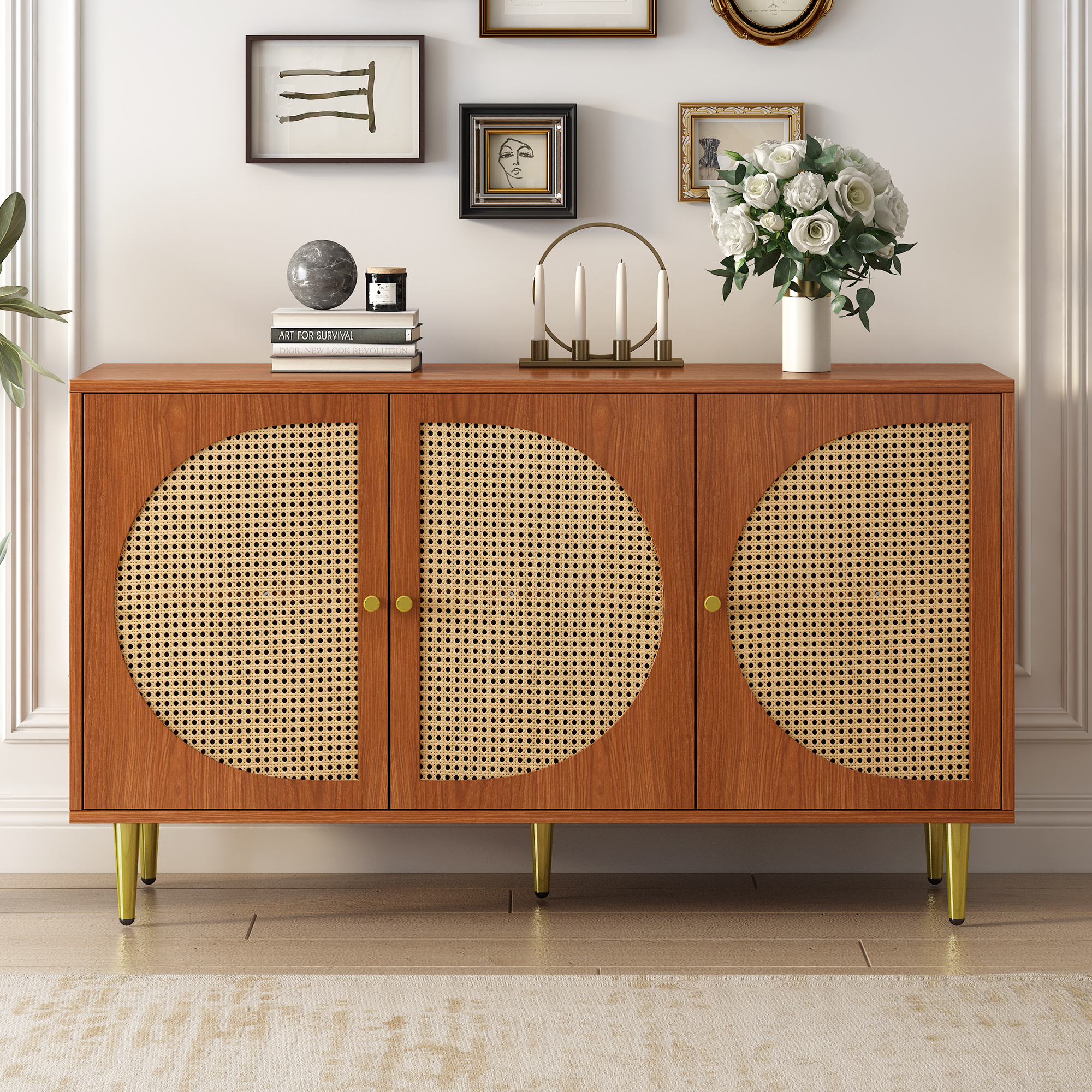 Buffet noyer 3 portes rotin - vue 5