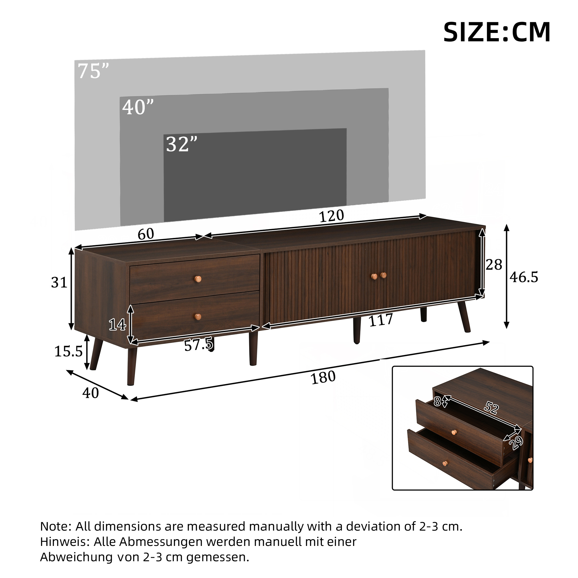 Meuble TV 180 x 40 x 46,5 cm, 2 tiroirs, 2 portes coulissantes à rideau, pour TV jusqu’à 80 pouces, MDF, Effet noyer - détails
