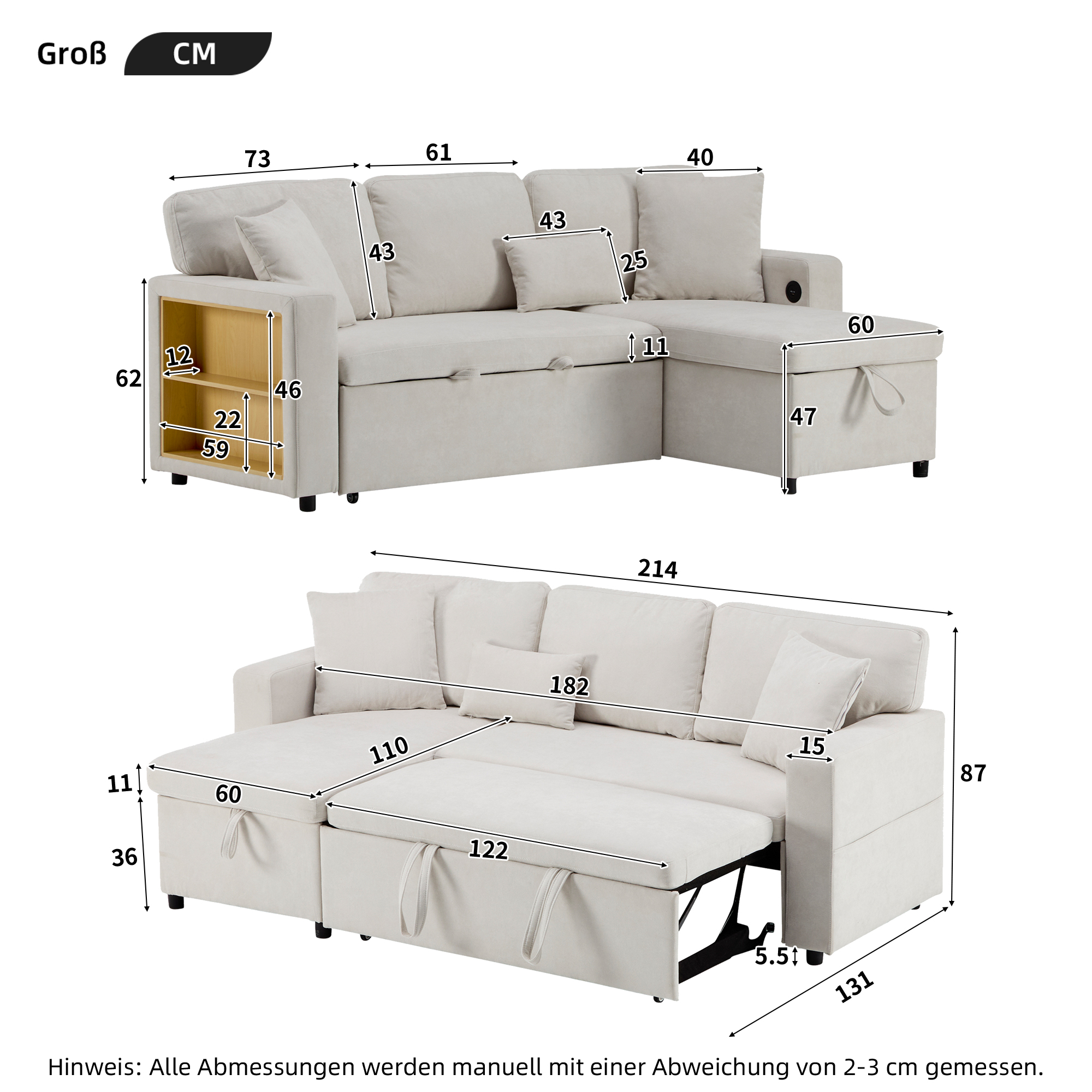 Canapé d’angle convertible en L 4 places en flanelle avec rangement, USB, pouf, Beige, 214 x 131 x 87 cm - vue complémentaire 1