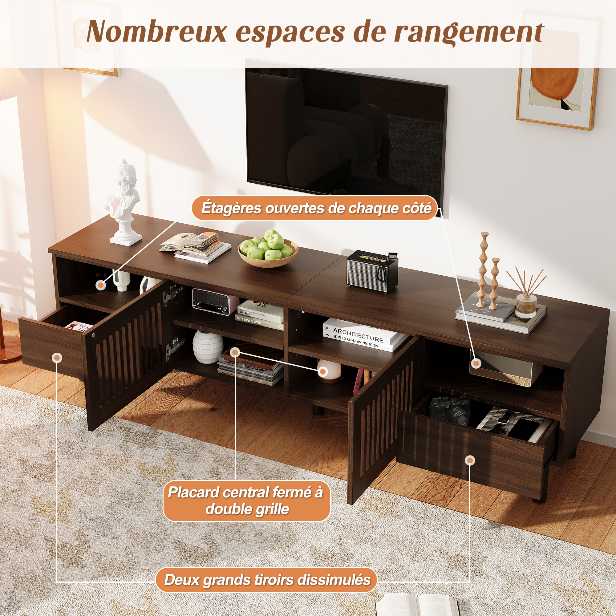 Meuble TV effet noyer avec portes grille