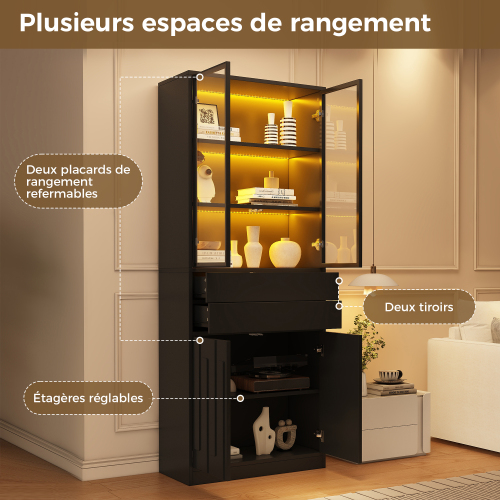 Vitrine noire mate avec LED et portes vitrées