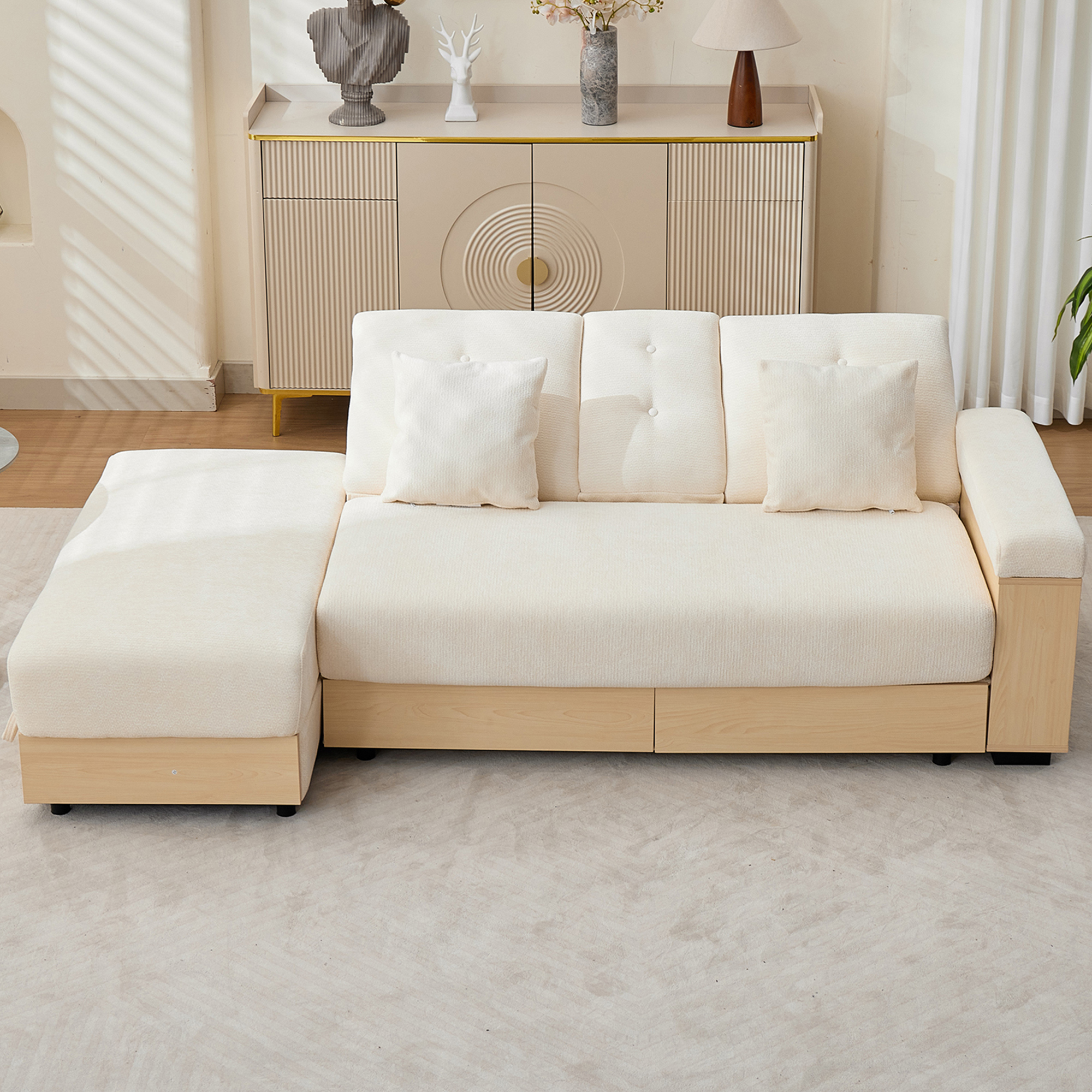 Canapé-lit modulaire en chenille beige avec rangement - vue 4